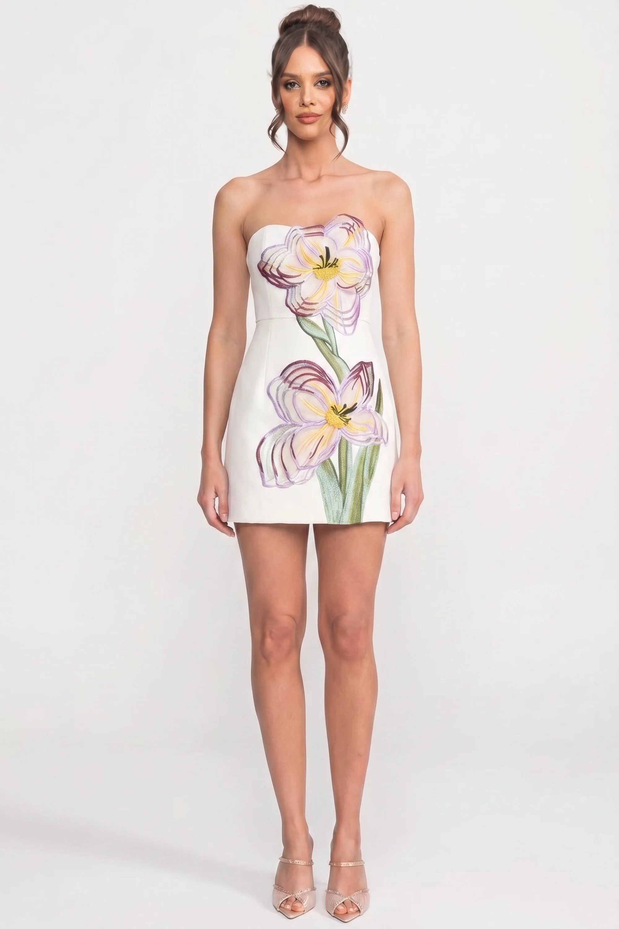 Strapless Mini Dress With 3D Iris Floral Appliqué - White sold by Sierra darien product image thumbnail 4