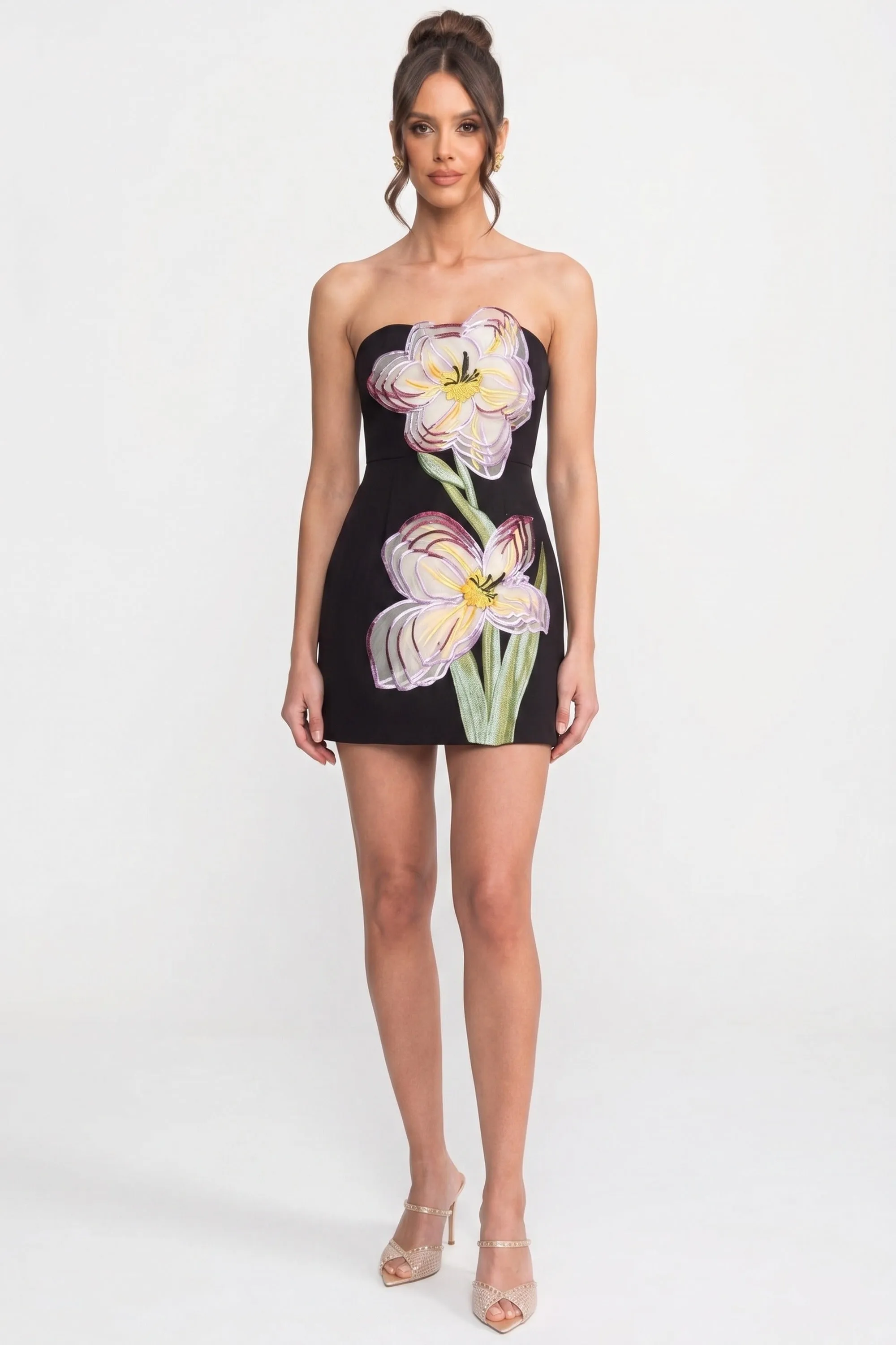 Strapless Mini Dress With 3D Iris Floral Appliqué - Black sold by Sierra darien product image thumbnail 4