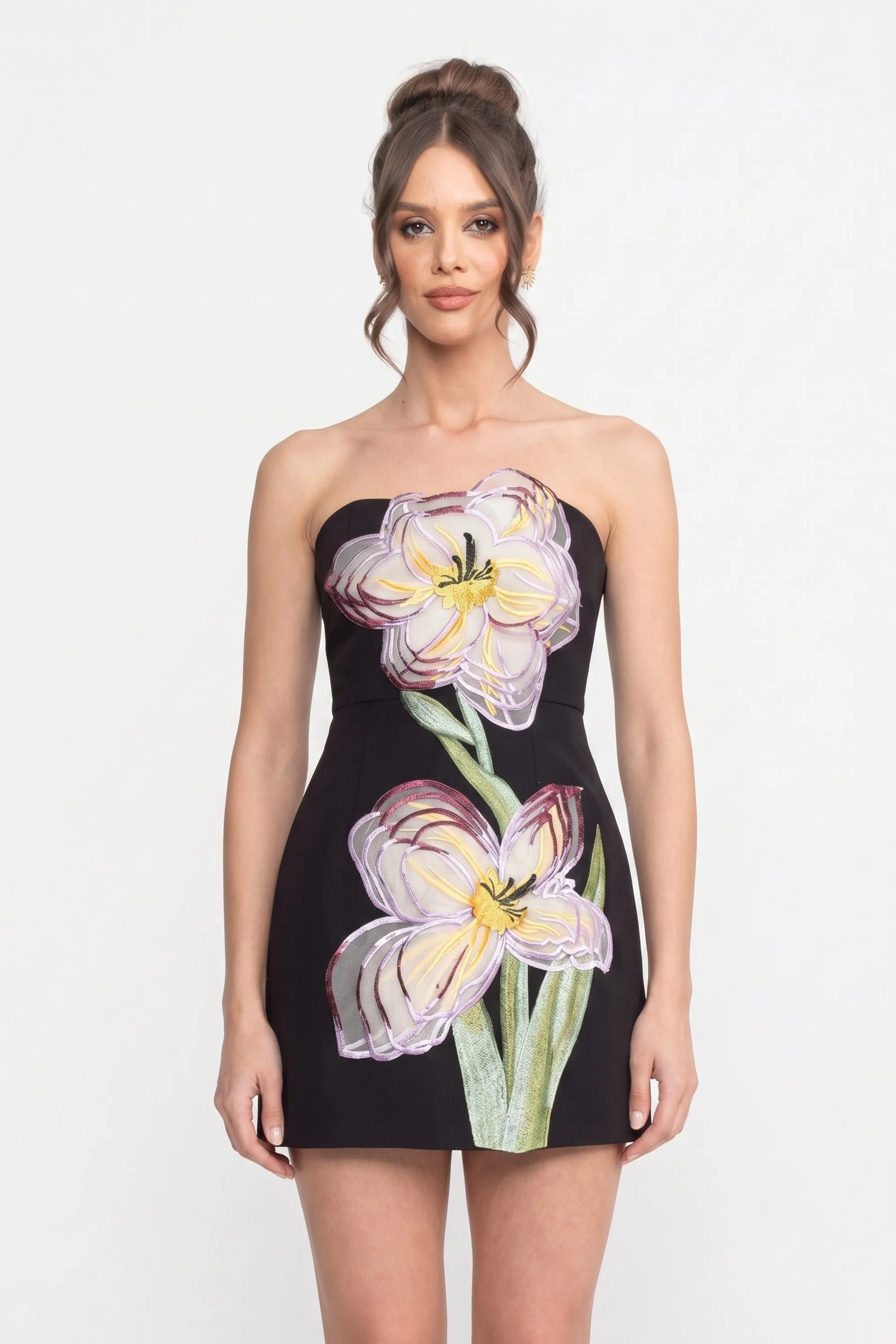 Strapless Mini Dress With 3D Iris Floral Appliqué - Black sold by Sierra darien product image thumbnail 5