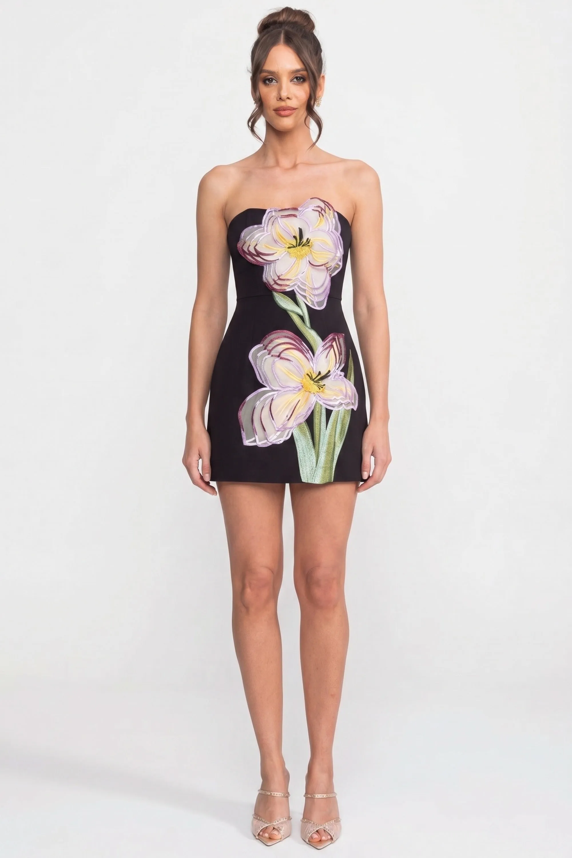 Strapless Mini Dress With 3D Iris Floral Appliqué - Black sold by Sierra darien product image thumbnail 3