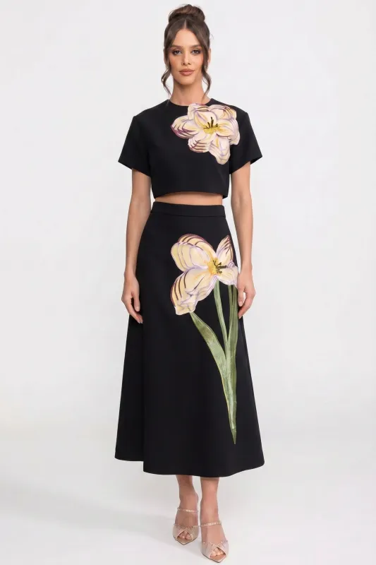 Short-Sleeve Floral-Print Co-Ord Set With Crop Top And Maxi Skirt - Black made by Sierra darien