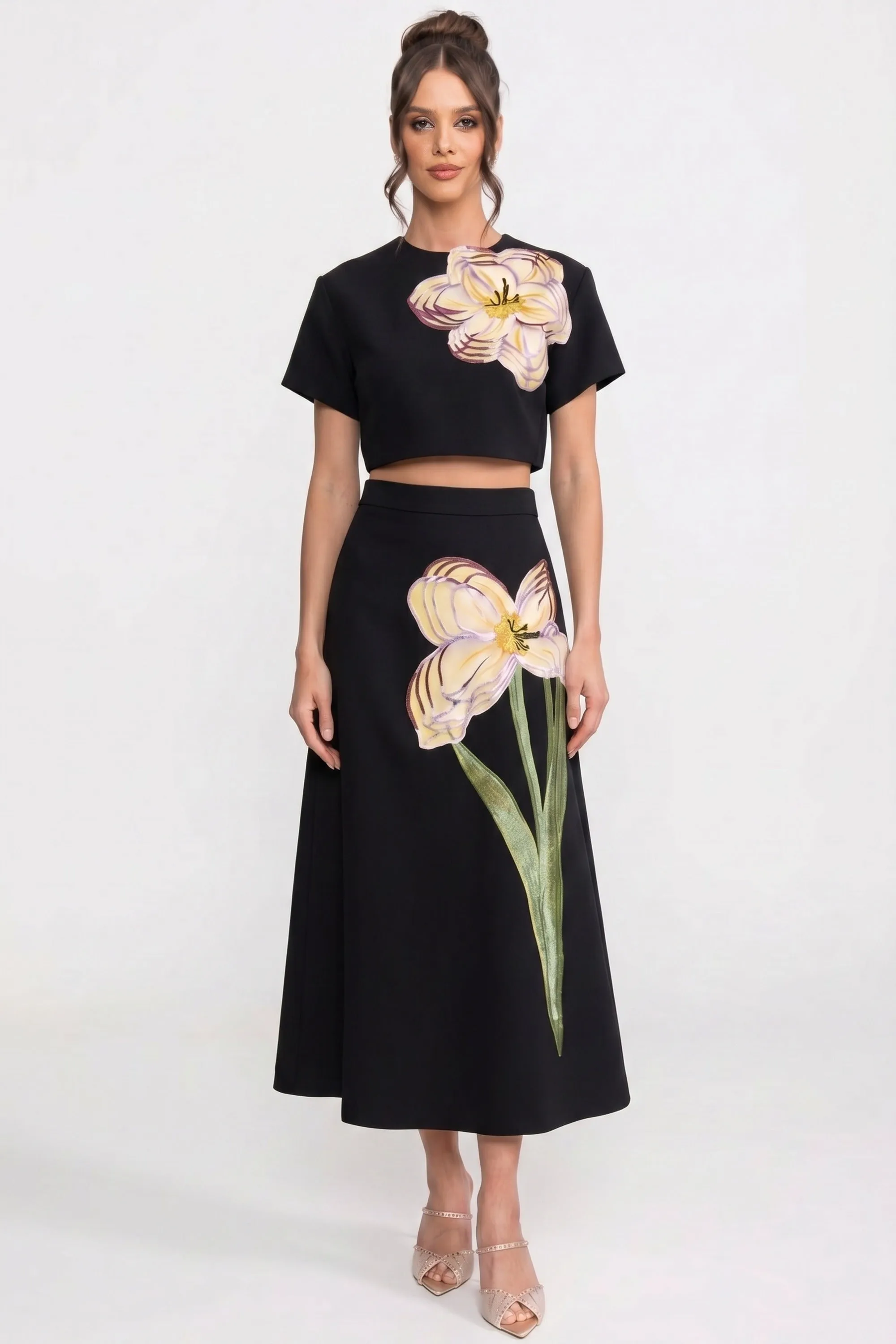Short-Sleeve Floral-Print Co-Ord Set With Crop Top And Maxi Skirt - Black sold by Sierra darien