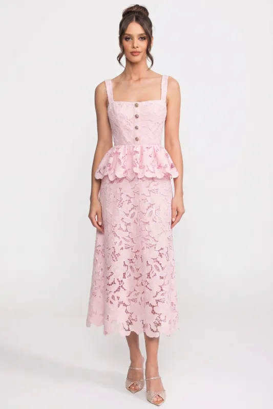 Sleeveless Lace Peplum Dress With Midi Skirt And Golden Buttons - Pink made by Sierra darien