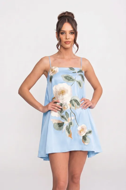 Spaghetti-Strap Mini Dress With 3D Floral Appliqué And A-Line Skirt - Blue made by Sierra darien