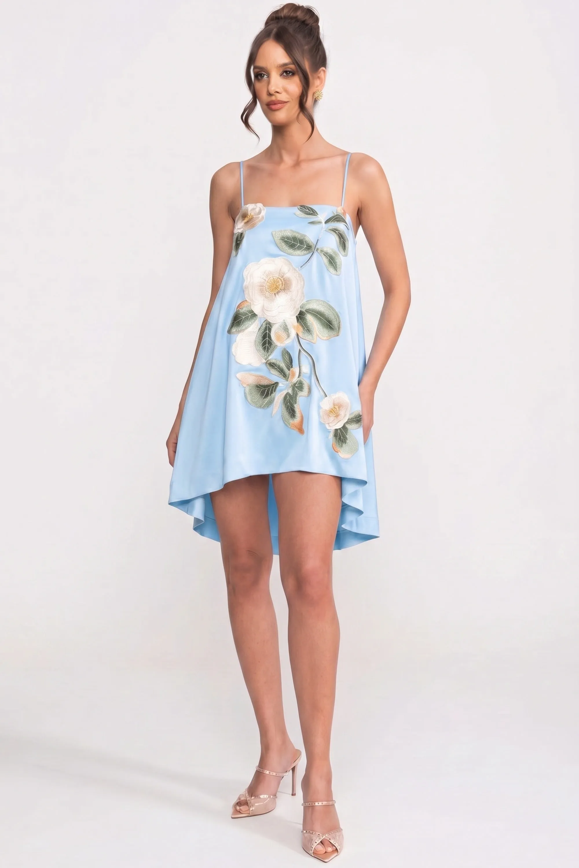 Spaghetti-Strap Mini Dress With 3D Floral Appliqué And A-Line Skirt - Blue sold by Sierra darien product image thumbnail 2