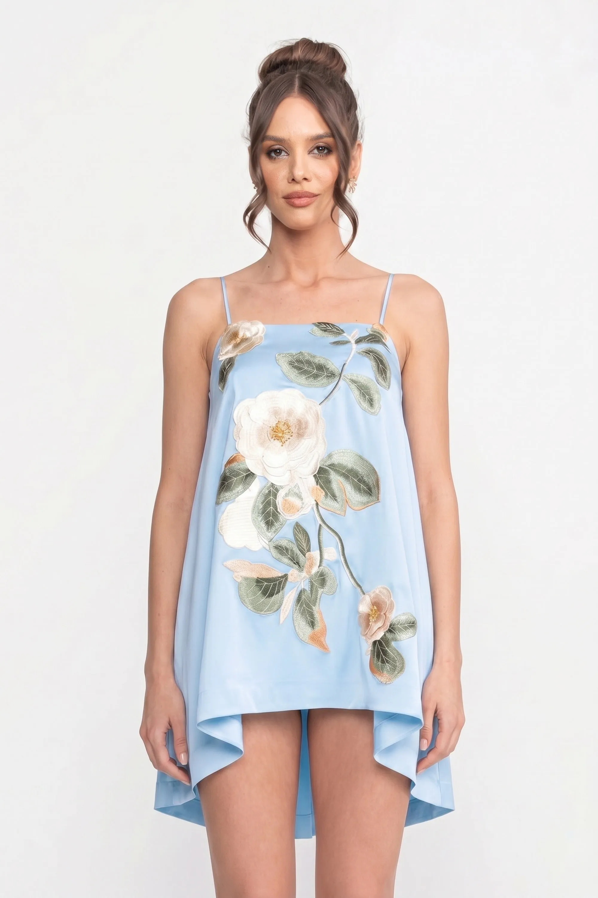 Spaghetti-Strap Mini Dress With 3D Floral Appliqué And A-Line Skirt - Blue sold by Sierra darien product image thumbnail 4
