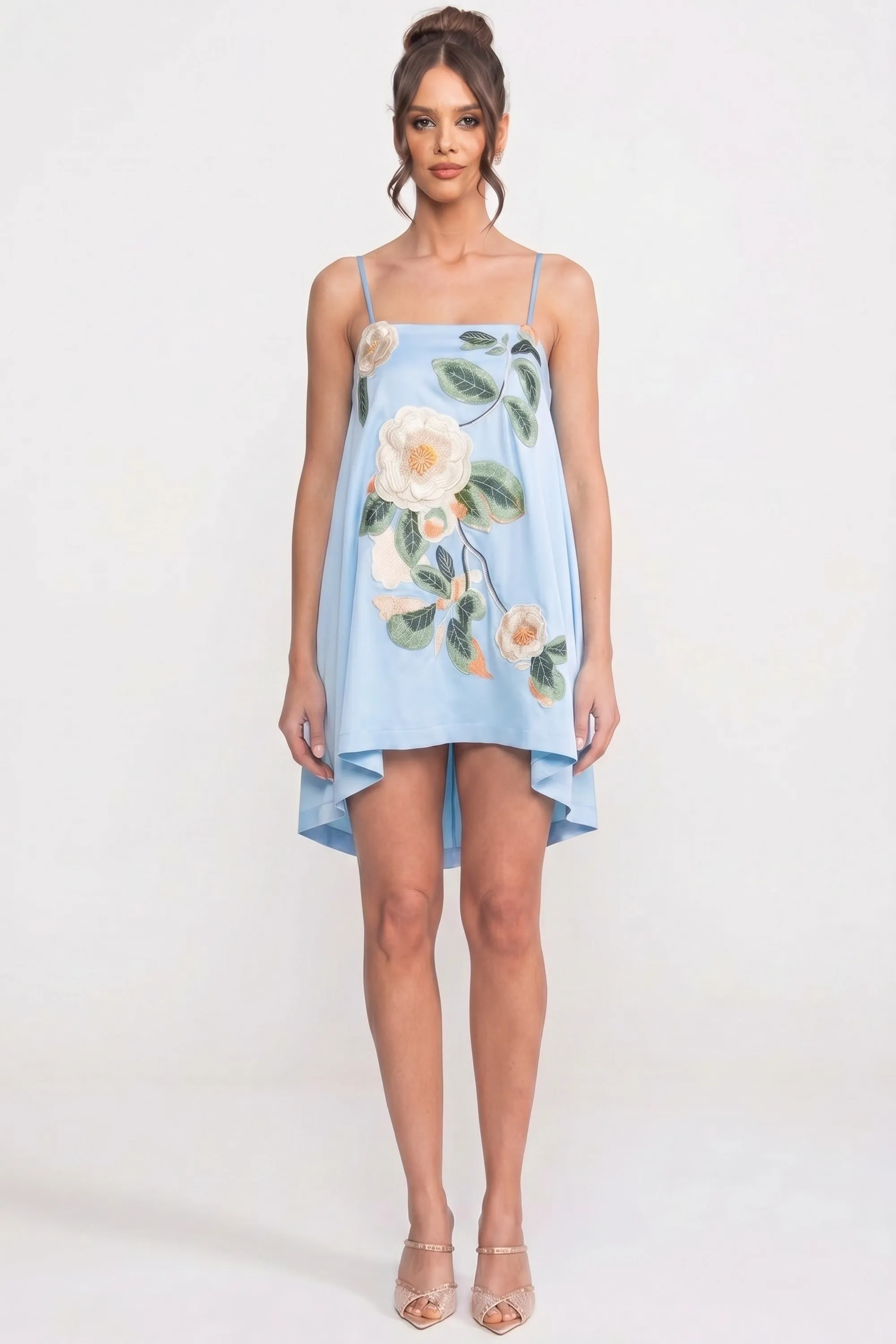 Spaghetti-Strap Mini Dress With 3D Floral Appliqué And A-Line Skirt - Blue sold by Sierra darien product image thumbnail 5