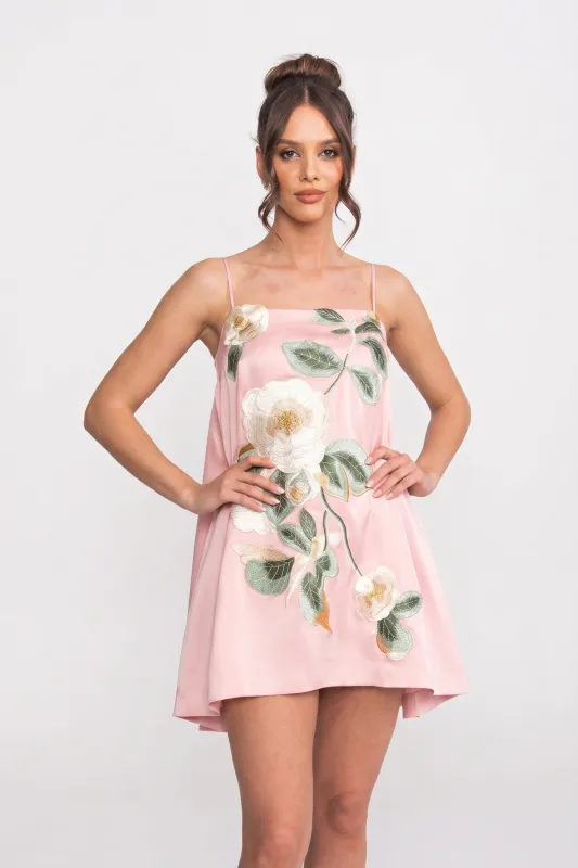 Spaghetti-Strap Mini Dress With 3D Floral Appliqué And A-Line Skirt - Pink made by Sierra darien