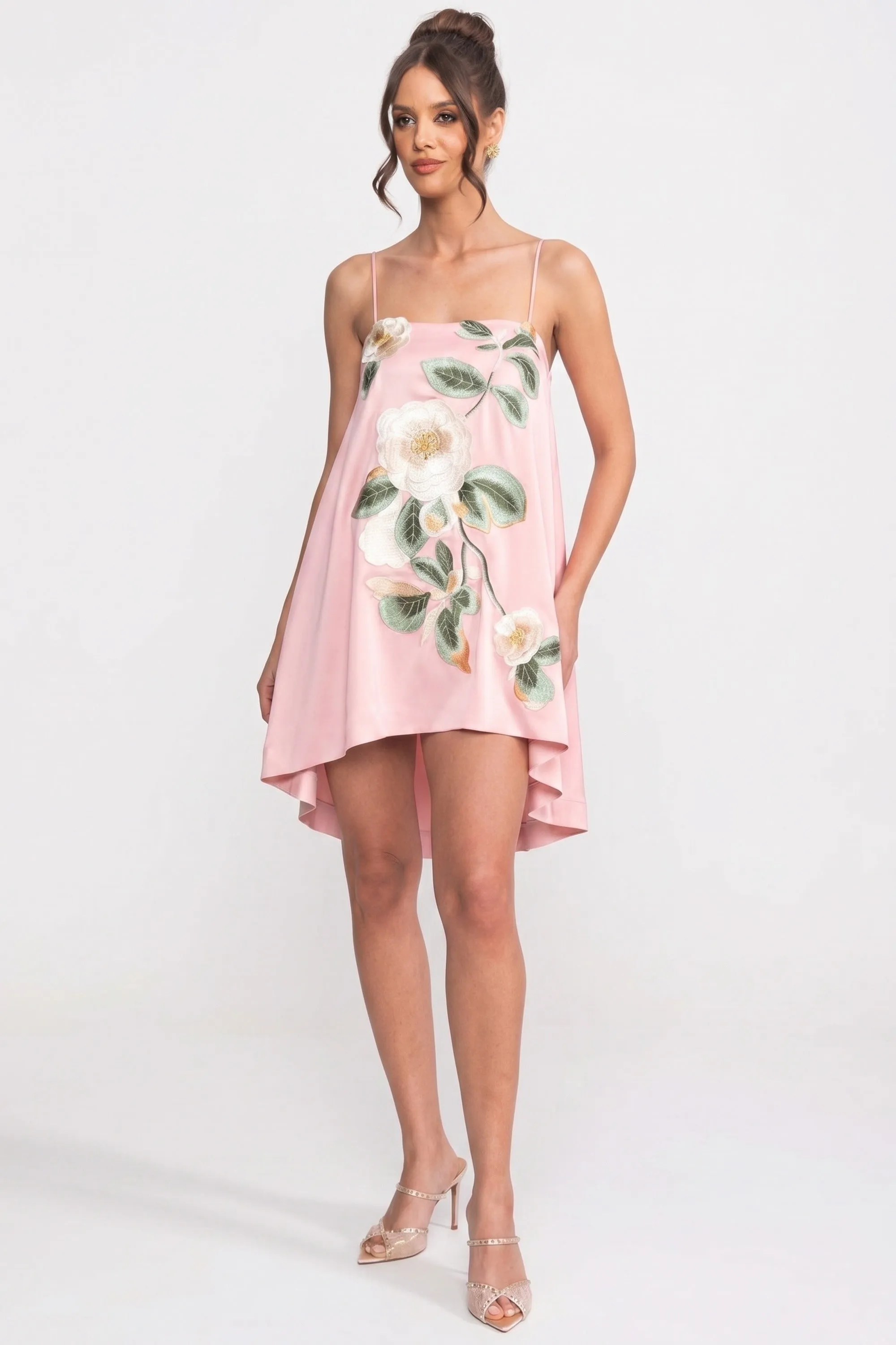 Spaghetti-Strap Mini Dress With 3D Floral Appliqué And A-Line Skirt - Pink sold by Sierra darien product image thumbnail 5
