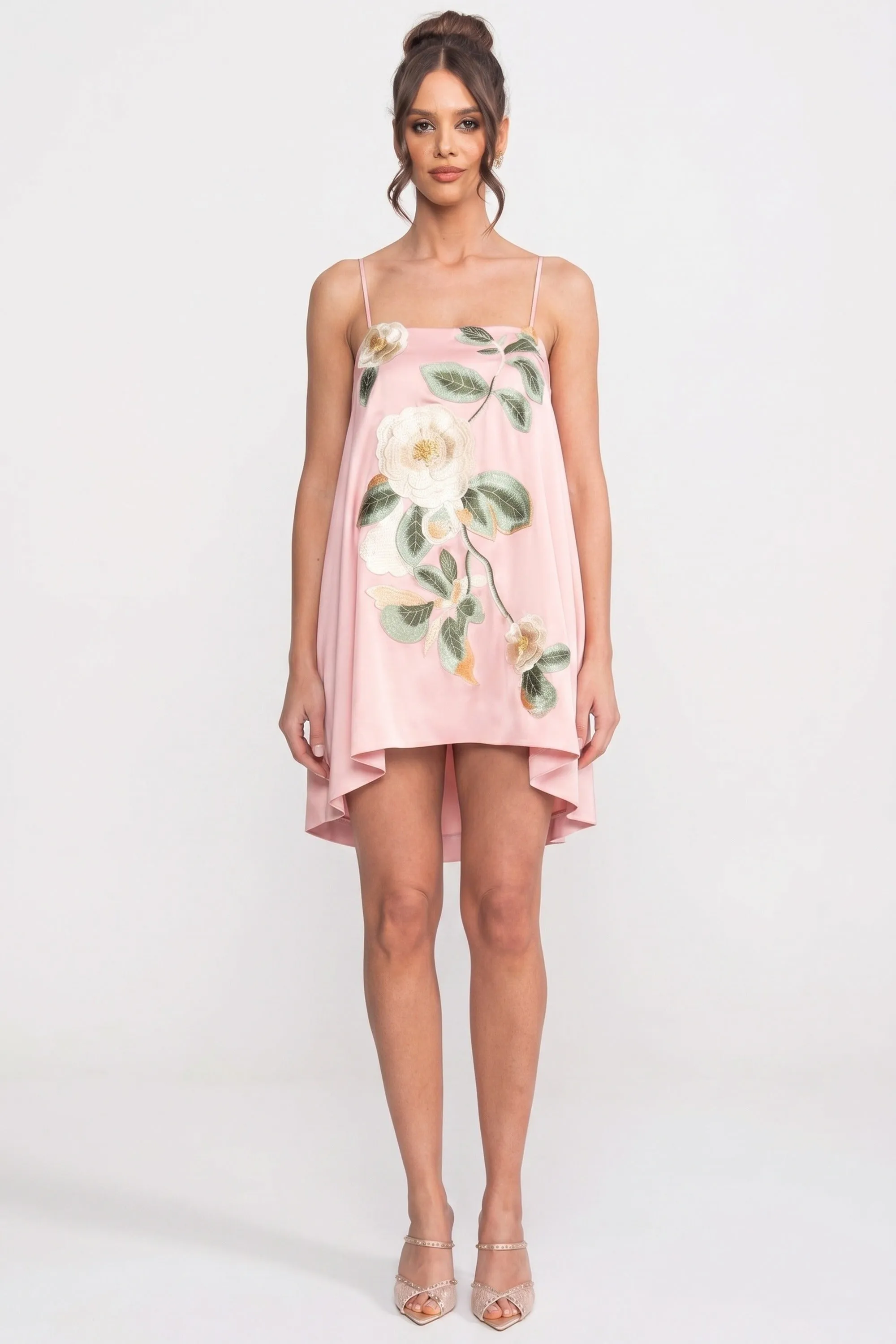 Spaghetti-Strap Mini Dress With 3D Floral Appliqué And A-Line Skirt - Pink sold by Sierra darien product image thumbnail 2