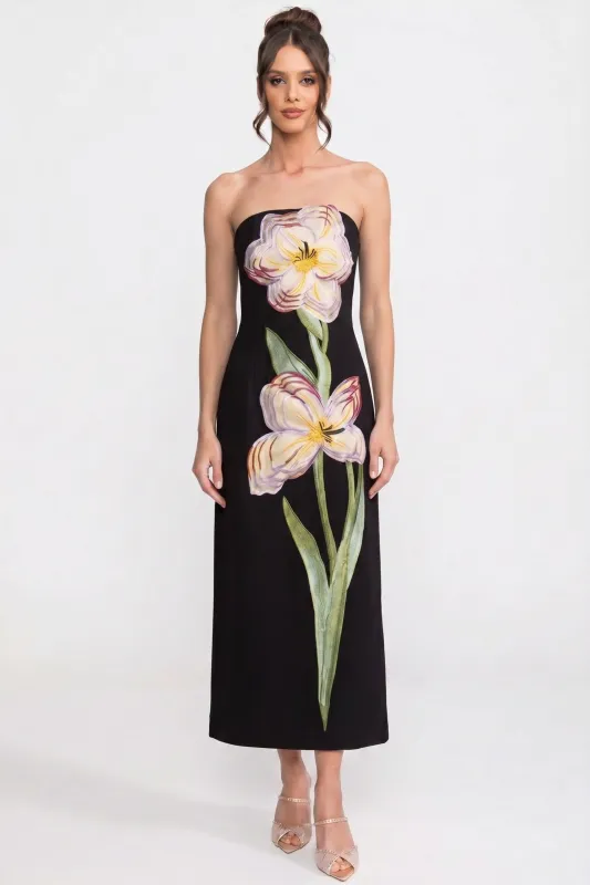 Strapless Floral-Print Midi Dress With Column Silhouette - Black made by Sierra darien