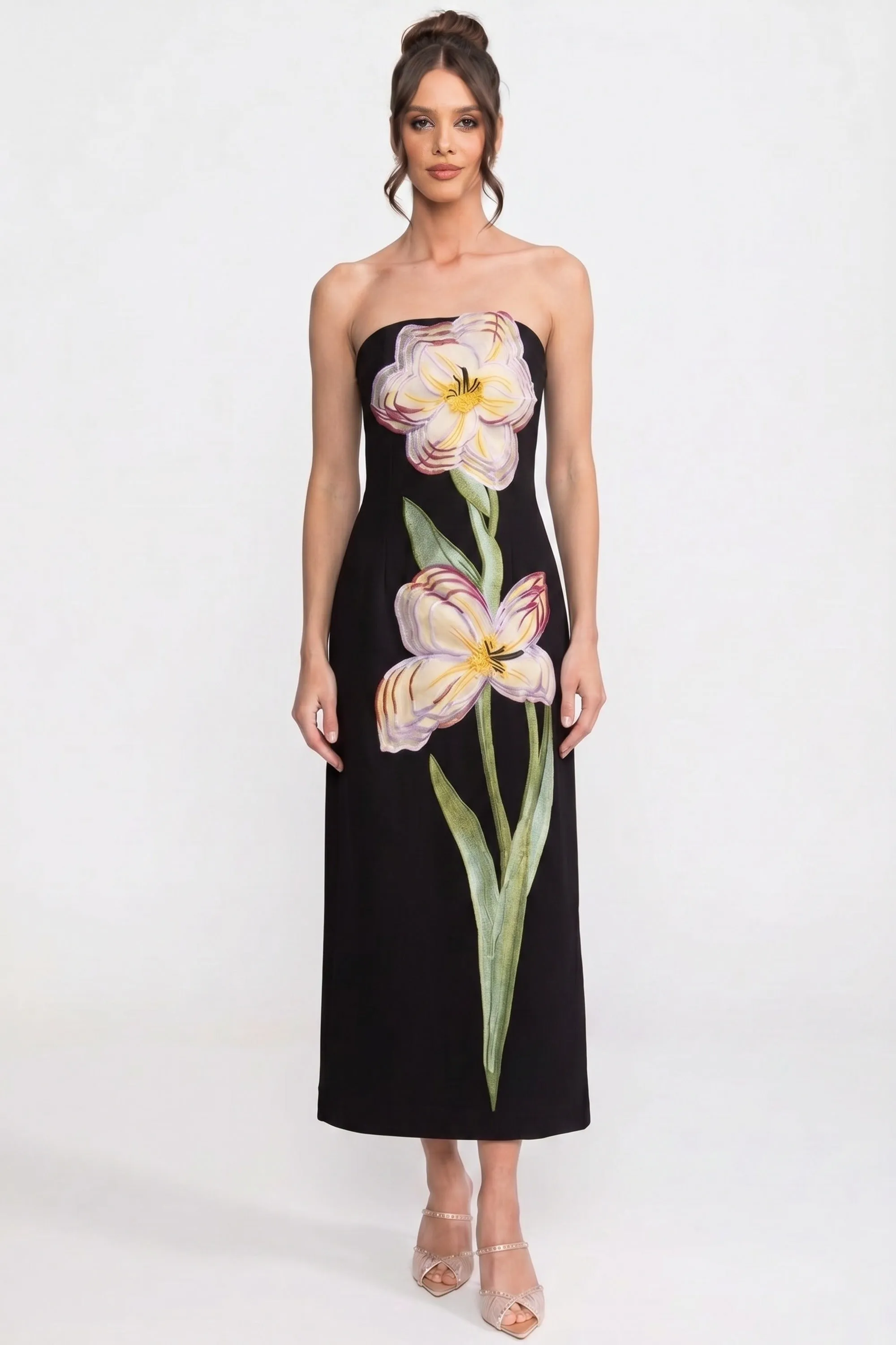 Strapless Floral-Print Midi Dress With Column Silhouette - Black sold by Sierra darien