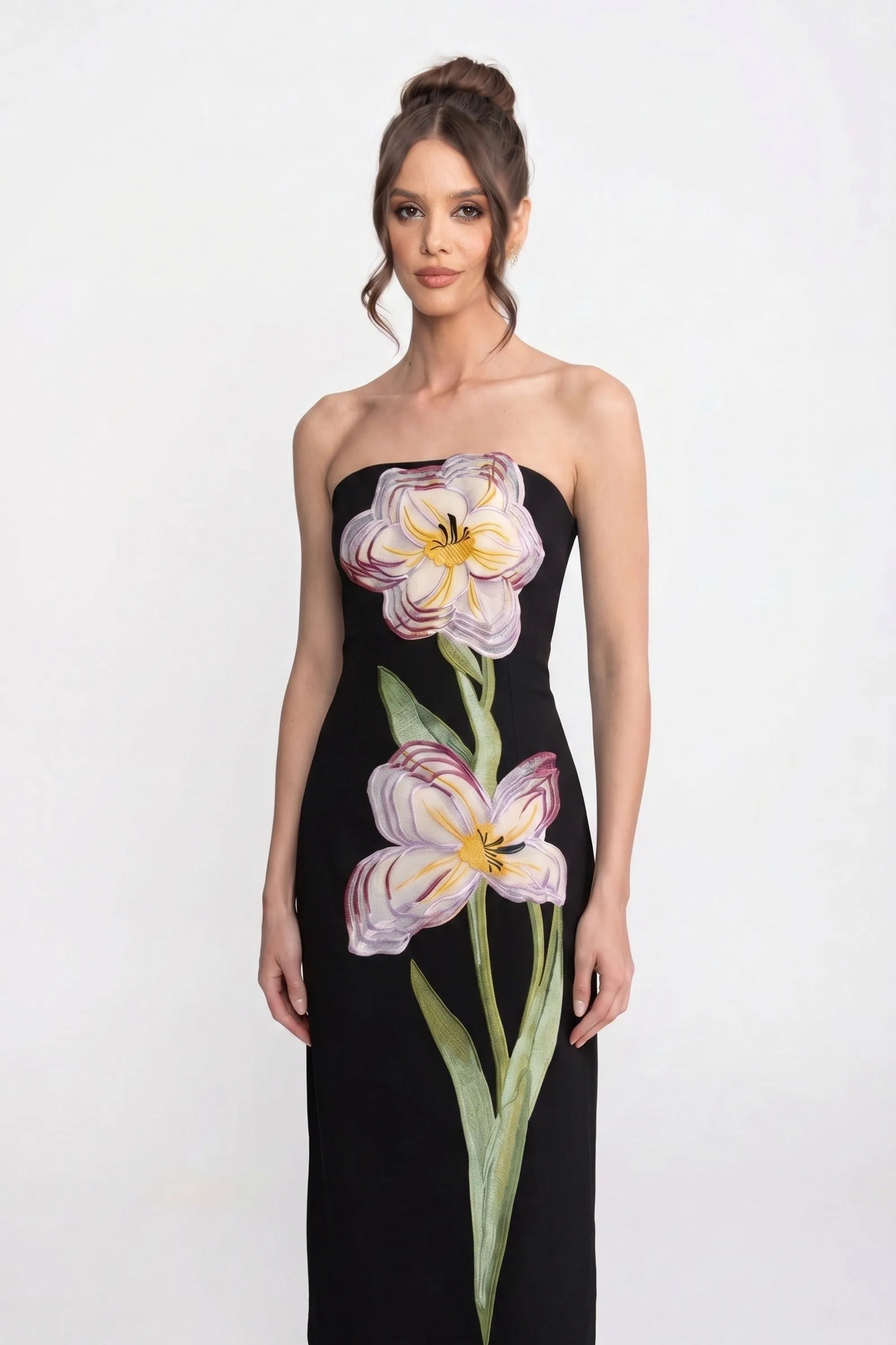 Strapless Floral-Print Midi Dress With Column Silhouette - Black sold by Sierra darien product image thumbnail 3