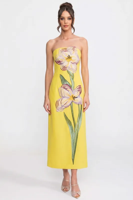 Strapless Floral-Print Midi Dress With Column Silhouette - Yellow made by Sierra darien