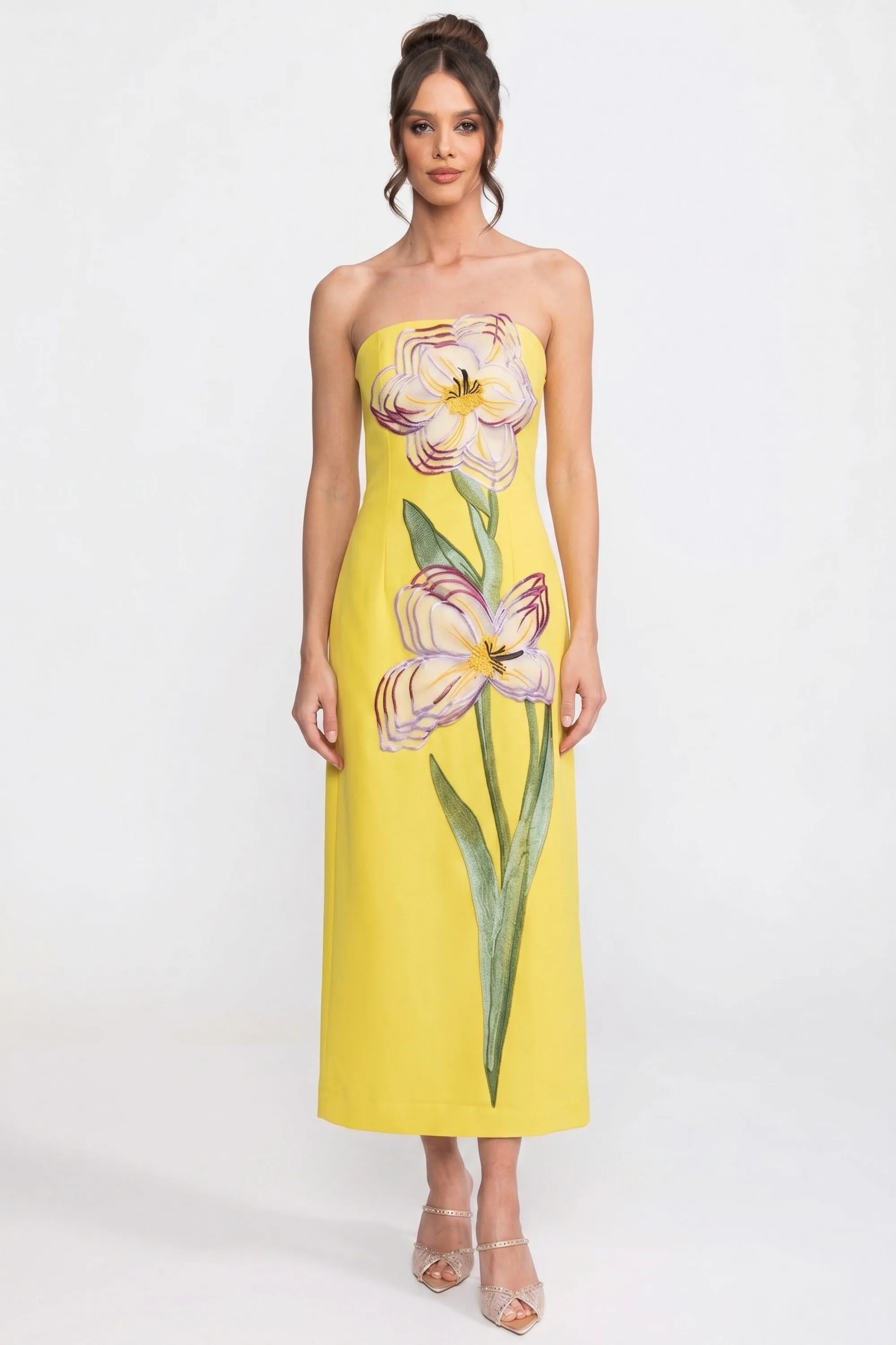 Strapless Floral-Print Midi Dress With Column Silhouette - Yellow sold by Sierra darien