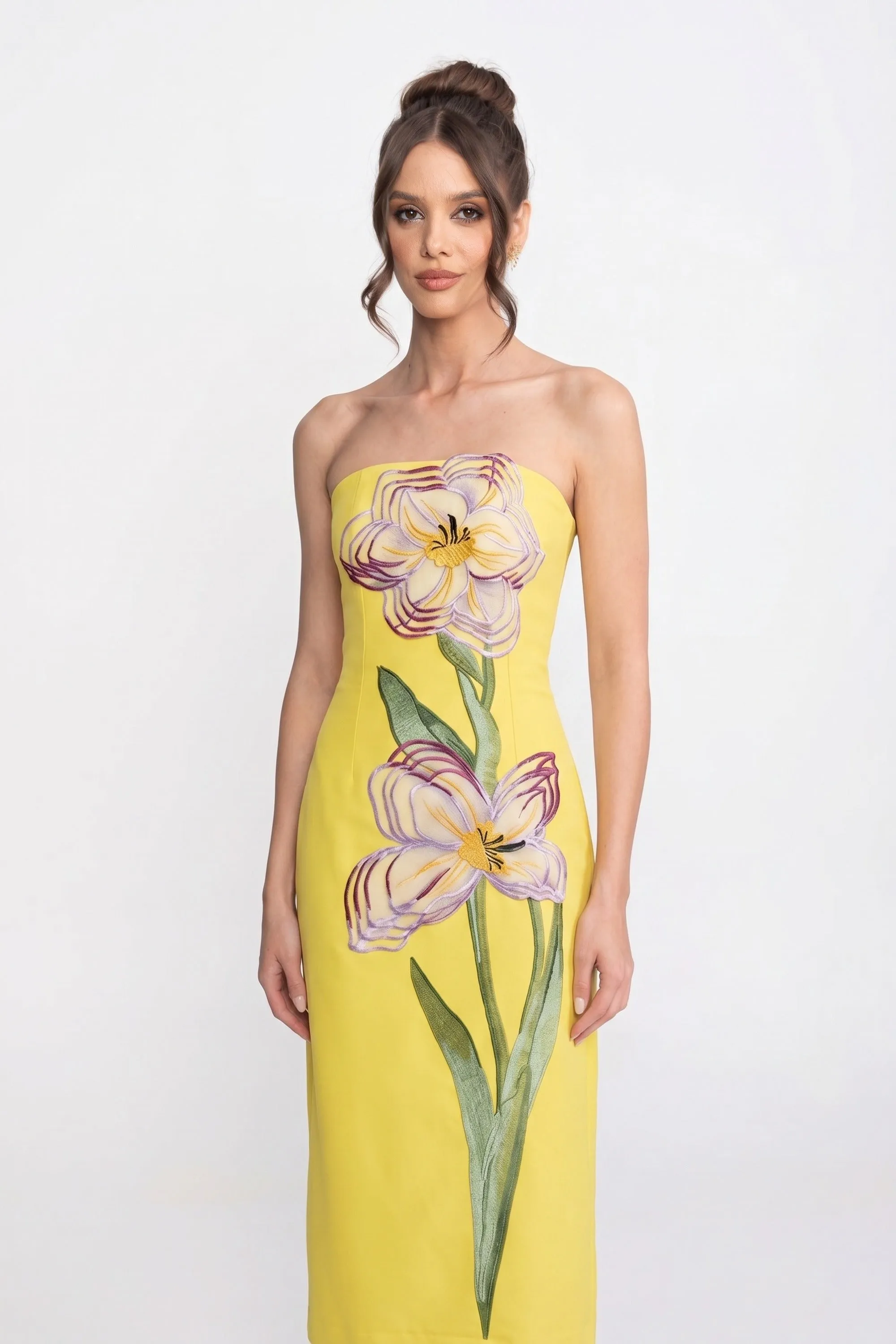Strapless Floral-Print Midi Dress With Column Silhouette - Yellow sold by Sierra darien product image thumbnail 3
