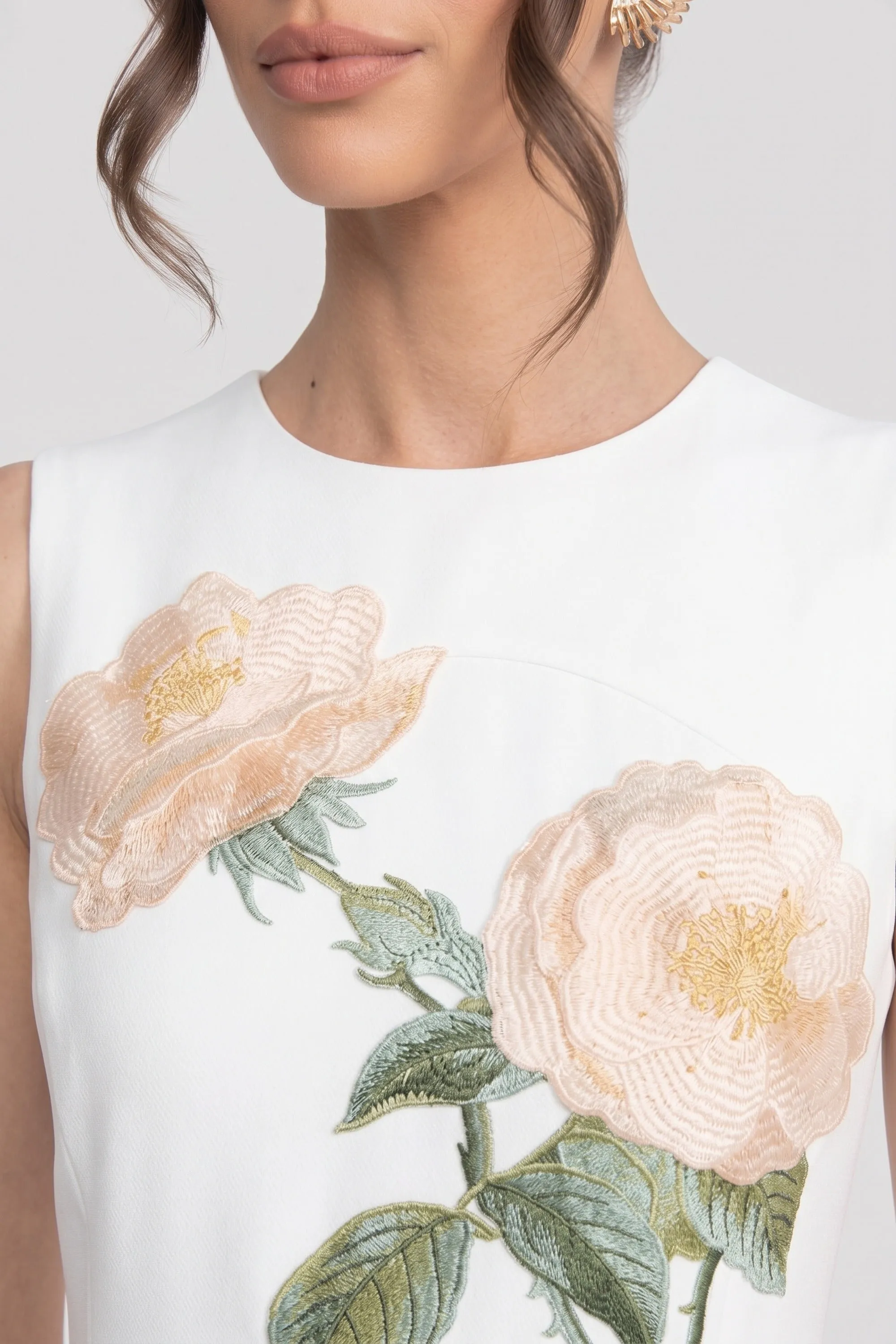 Sleeveless Midi Dress With 3D Floral Appliqué And Full Skirt - White sold by Sierra darien product image thumbnail 4