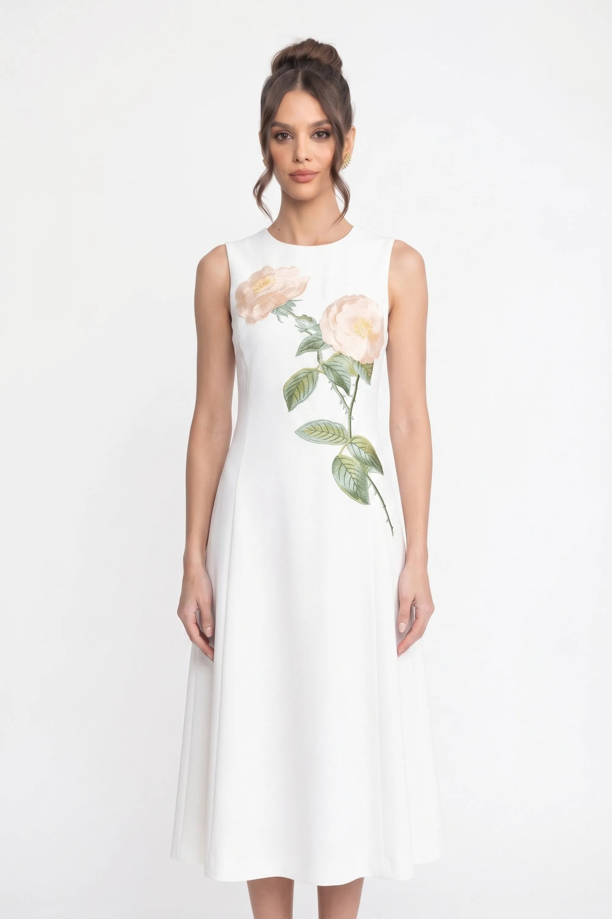 Sleeveless Midi Dress With 3D Floral Appliqué And Full Skirt - White sold by Sierra darien product image thumbnail 3
