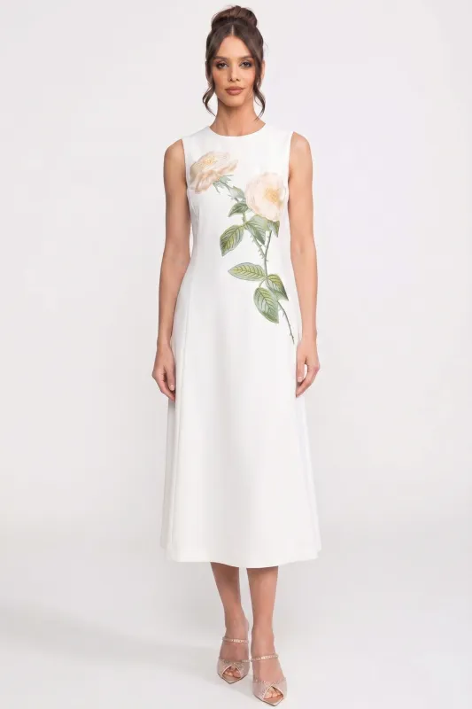 Sleeveless Midi Dress With 3D Floral Appliqué And Full Skirt - White made by Sierra darien