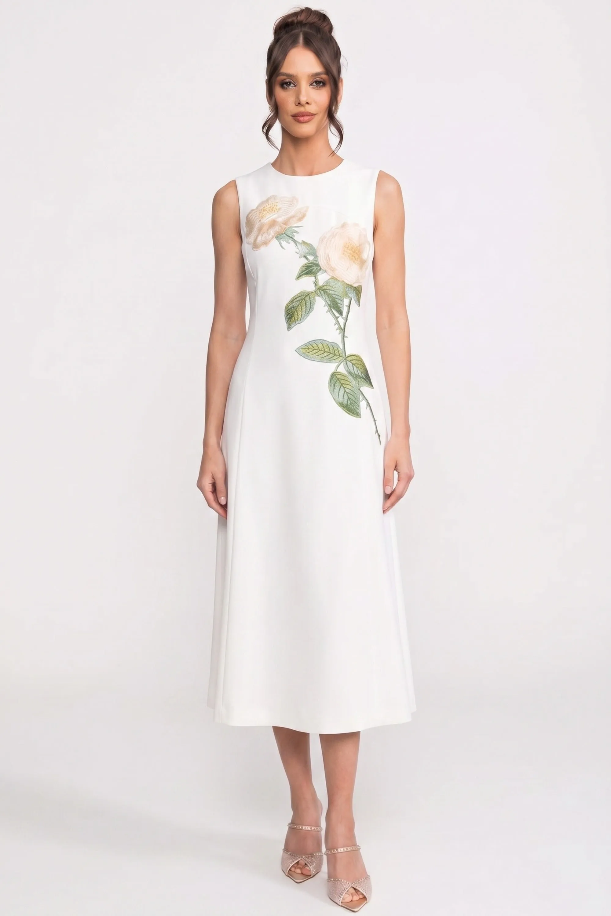 Sleeveless Midi Dress With 3D Floral Appliqué And Full Skirt - White sold by Sierra darien