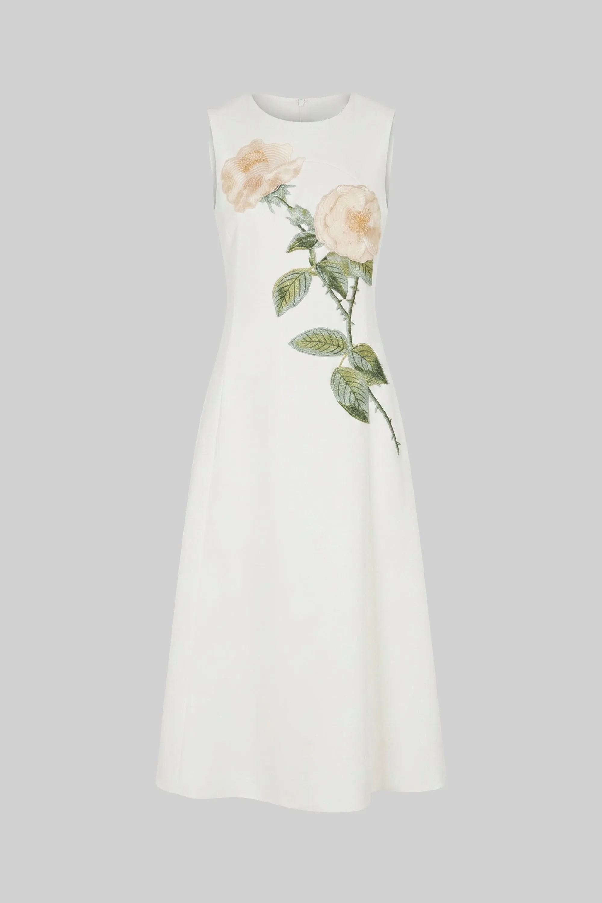 Sleeveless Midi Dress With 3D Floral Appliqué And Full Skirt - White sold by Sierra darien product image thumbnail 2