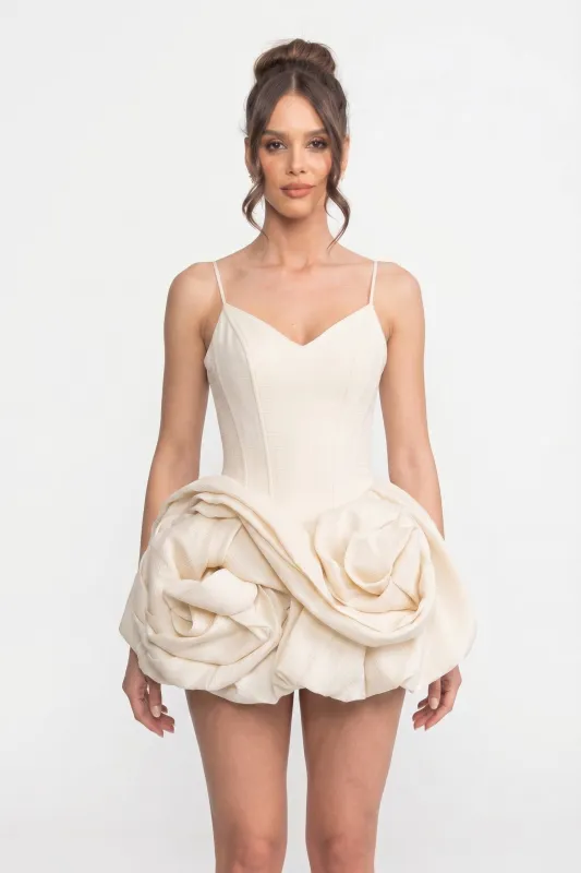 Spaghetti-Strap Velvet Mini Dress With 3D Rose Skirt - Ivoire made by Sierra darien
