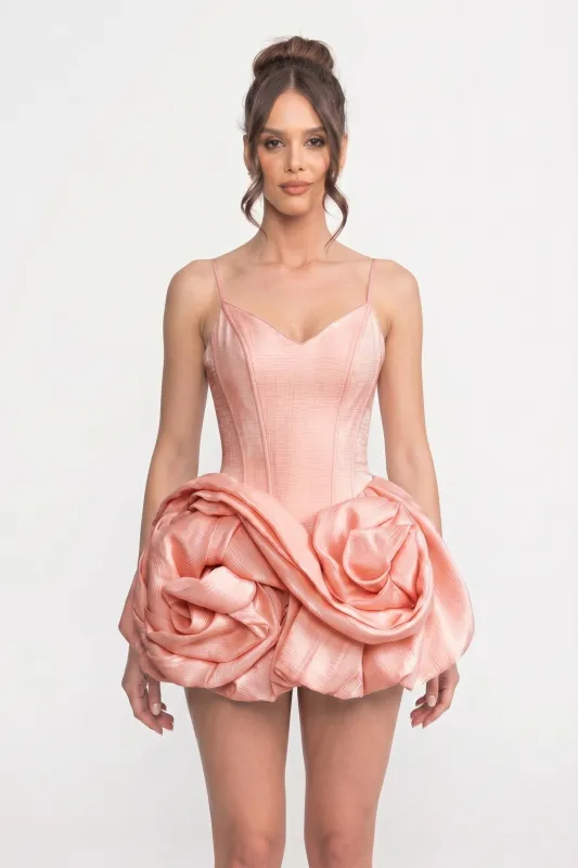 Spaghetti-Strap Velvet Mini Dress With 3D Rose Skirt - Pink made by Sierra darien