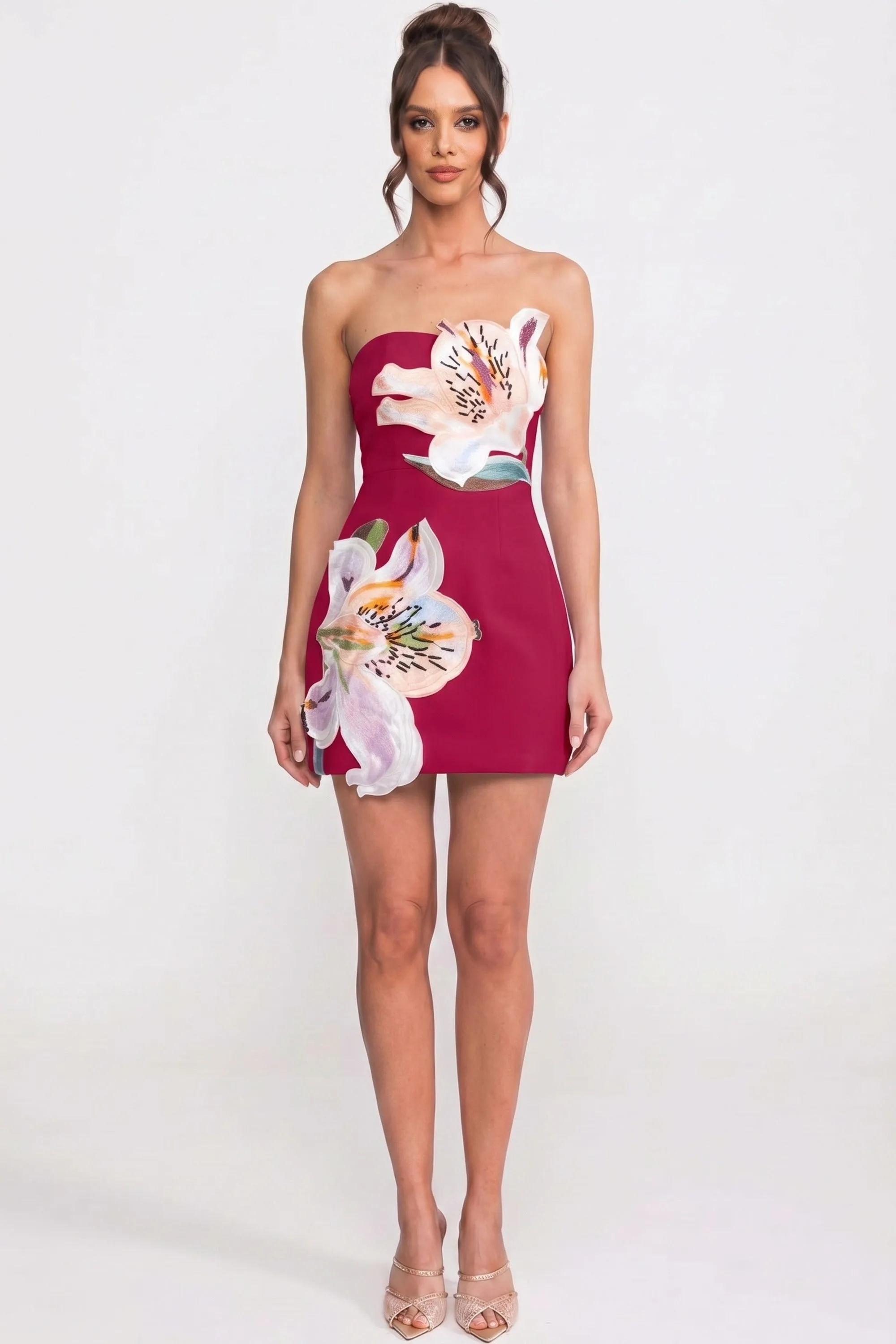 Strapless Floral-Print Mini Dress With Structured Bodice - Red sold by Sierra darien