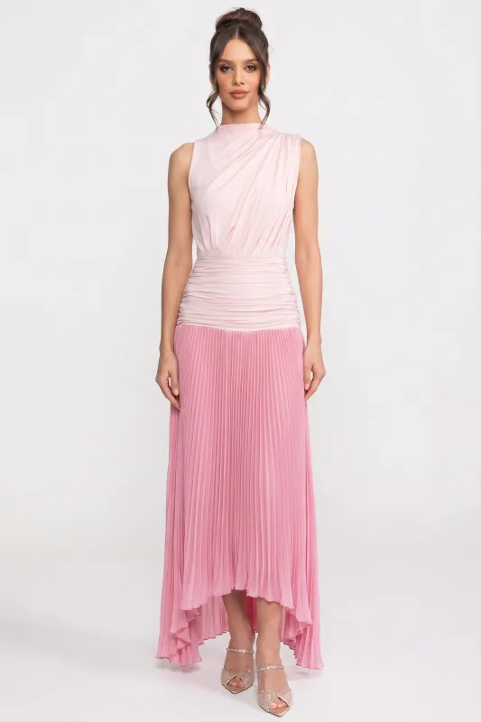 Halter Neck Pleated Maxi Dress With Gathered Waist Detail - Pink made by Sierra darien