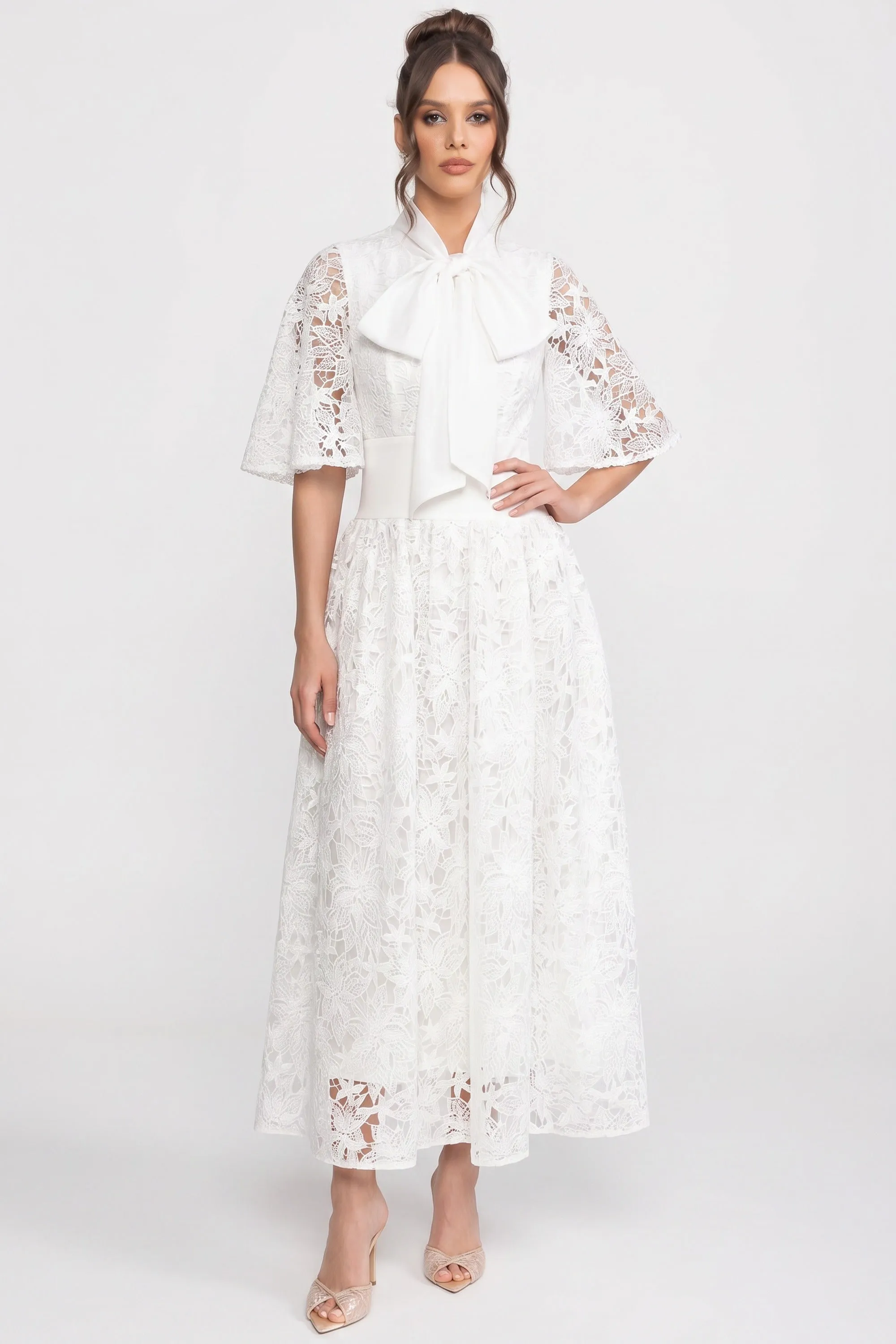 Short-Sleeve Floral Lace Maxi Dress With 3D Bow Detail - White sold by Sierra darien