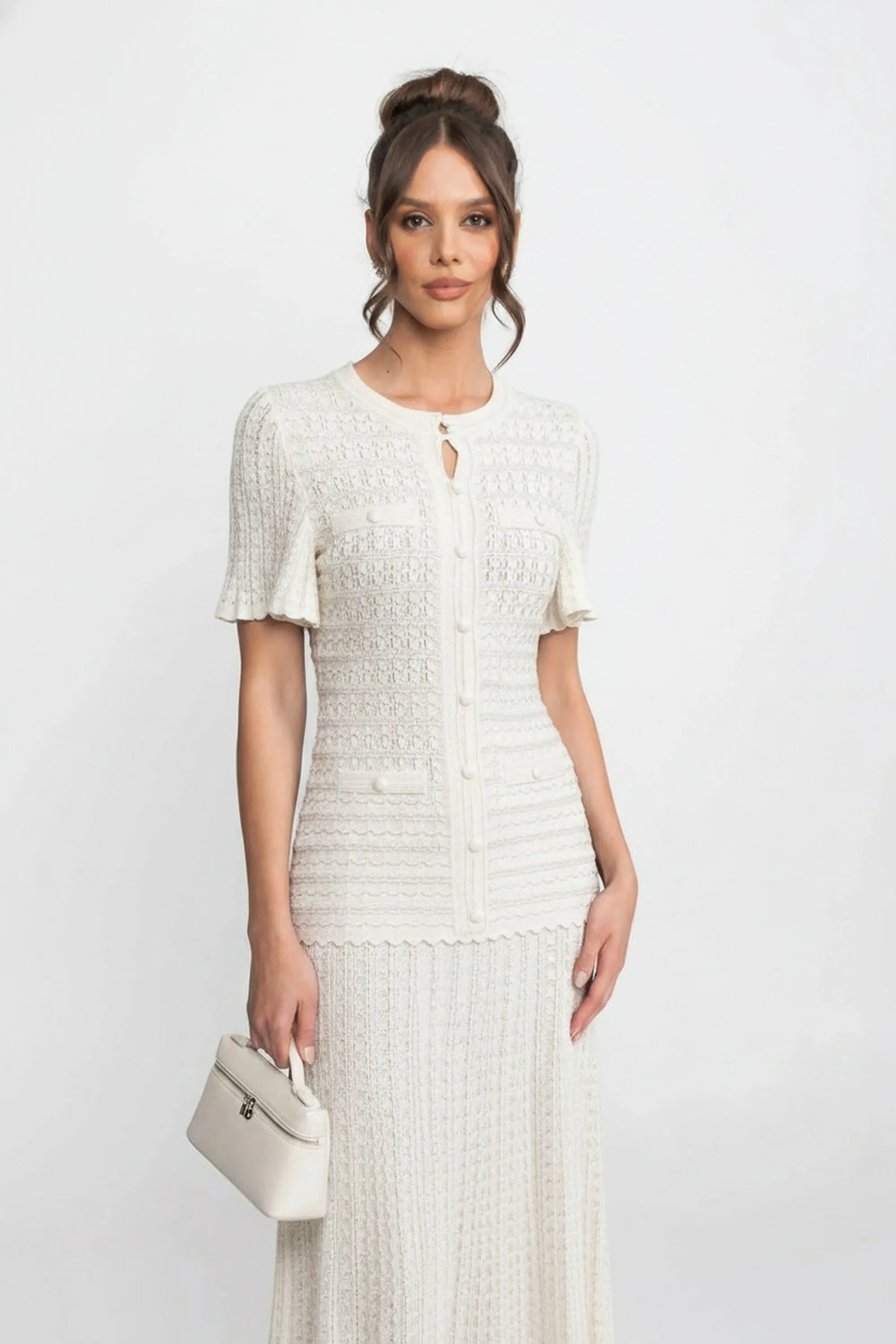 Short Sleeve Midi Dress With Shimmer Knit Texture - White sold by Sierra darien product image thumbnail 3