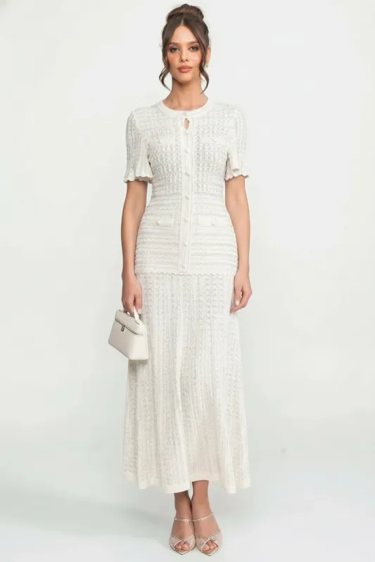 Short Sleeve Midi Dress With Shimmer Knit Texture - White made by Sierra darien