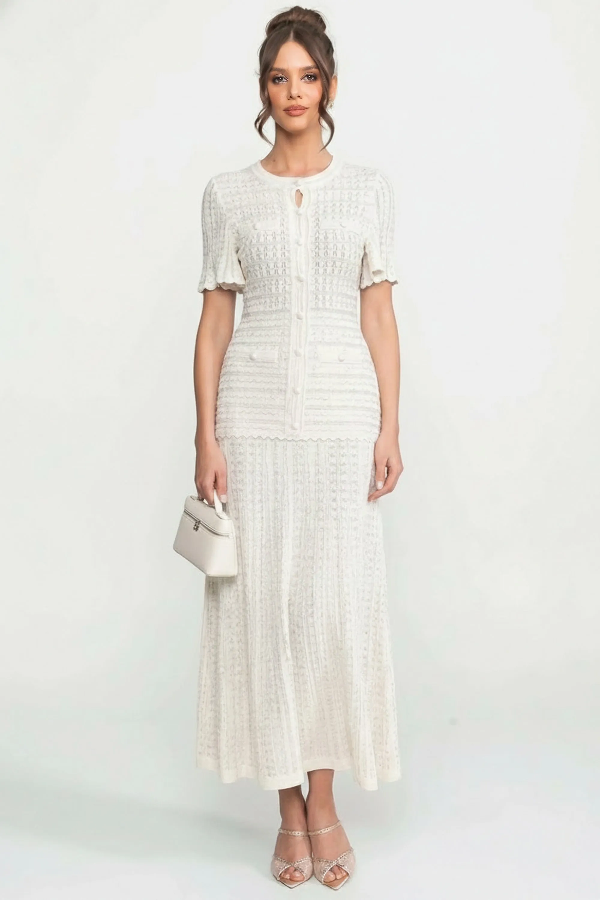 Short Sleeve Midi Dress With Shimmer Knit Texture - White sold by Sierra darien