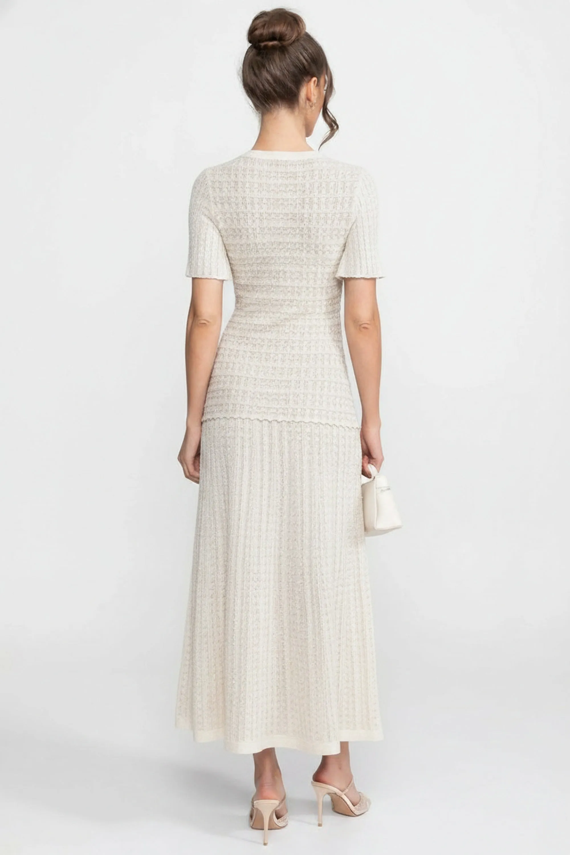 Short Sleeve Midi Dress With Shimmer Knit Texture - White sold by Sierra darien product image thumbnail 5