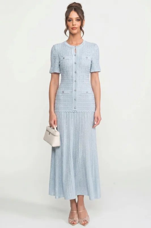 Short Sleeve Midi Dress With Shimmer Knit Texture - Light Blue made by Sierra darien