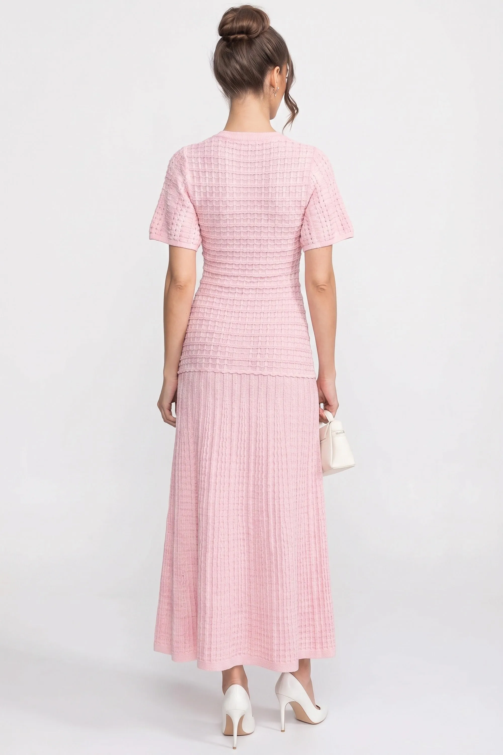 Short Sleeve Midi Dress With Shimmer Knit Texture - Pink sold by Sierra darien product image thumbnail 4
