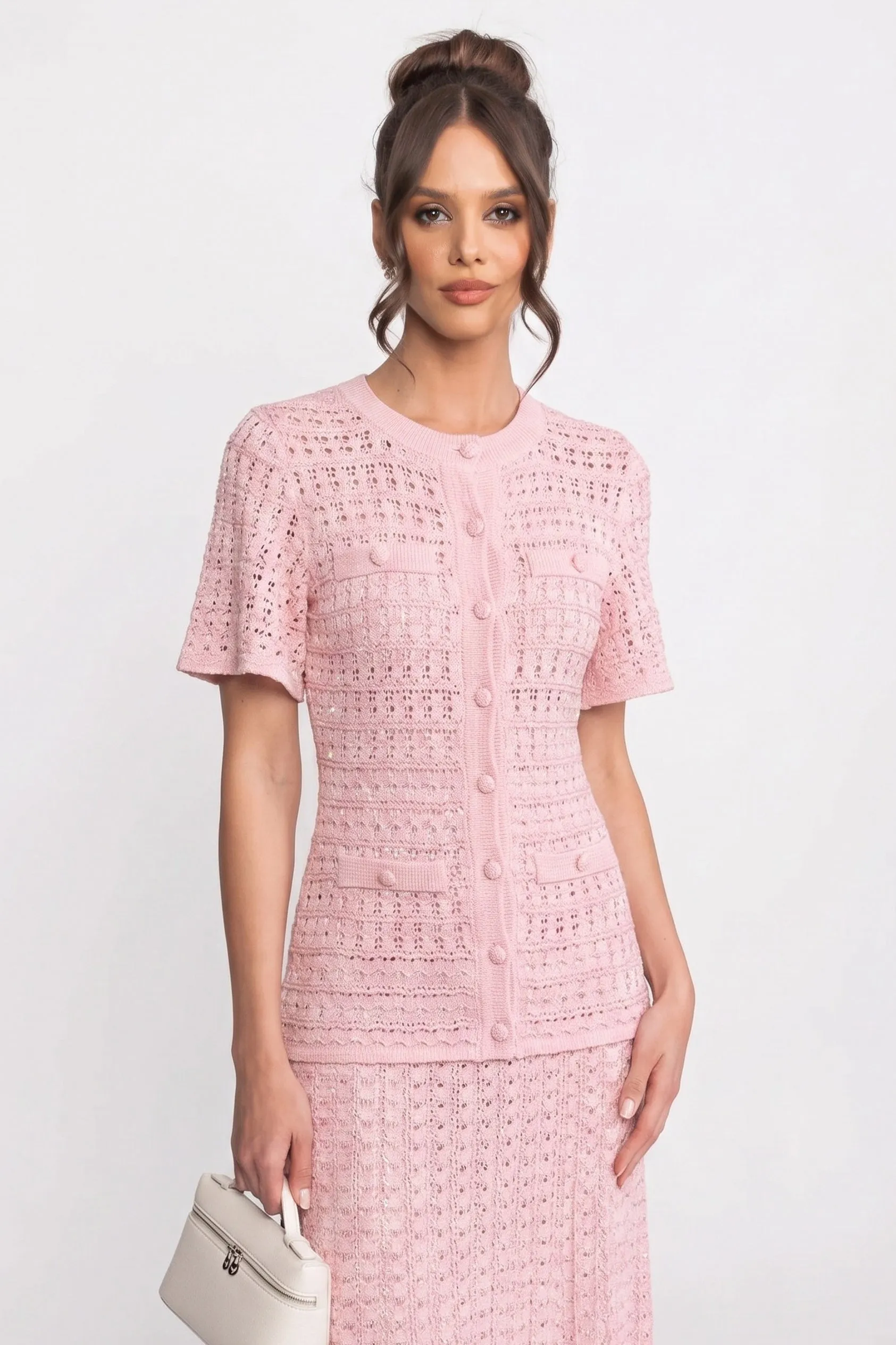 Short Sleeve Midi Dress With Shimmer Knit Texture - Pink sold by Sierra darien product image thumbnail 3
