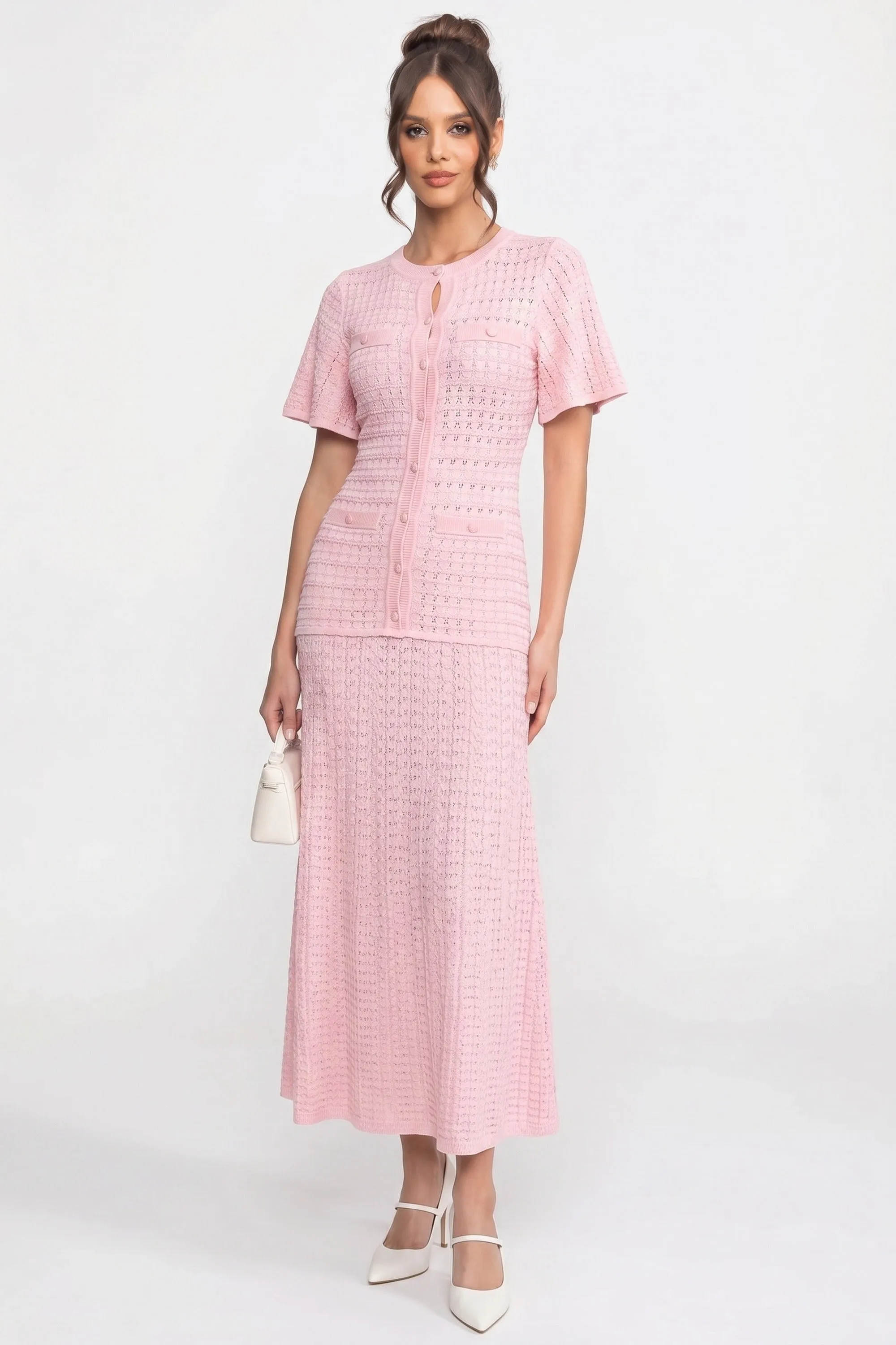 Short Sleeve Midi Dress With Shimmer Knit Texture - Pink sold by Sierra darien