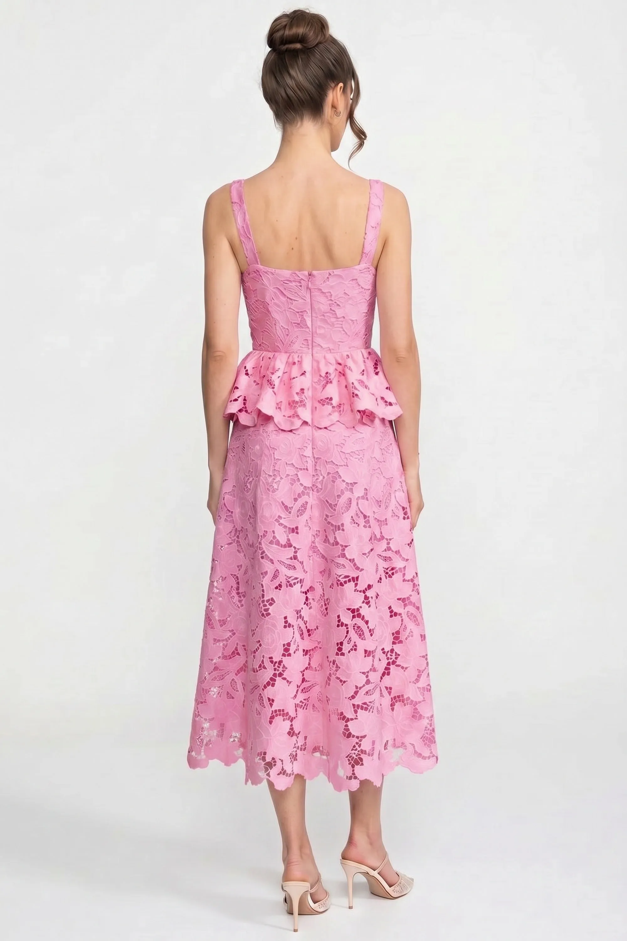 Sleeveless Lace Peplum Dress With Midi Skirt And Golden Buttons - Pink sold by Sierra darien product image thumbnail 4