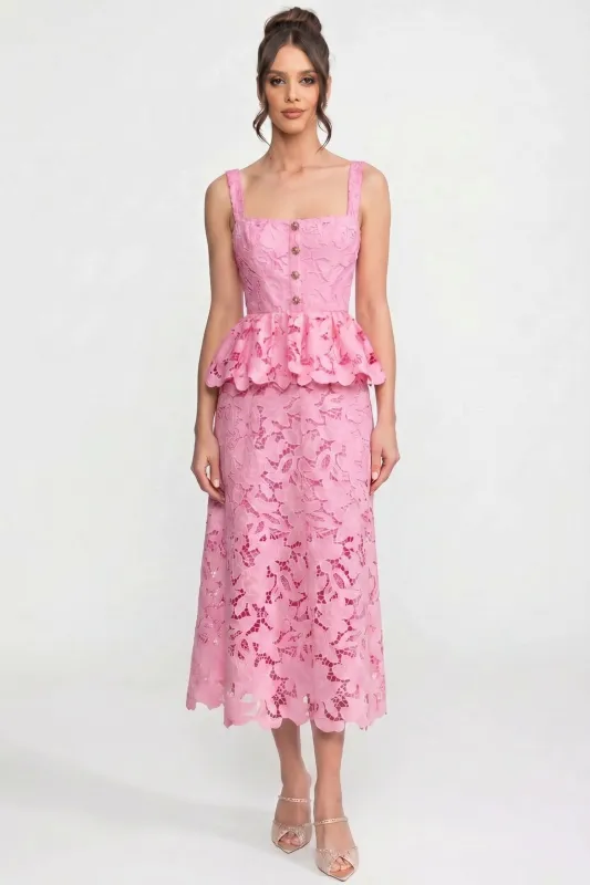 Sleeveless Lace Peplum Dress With Midi Skirt And Golden Buttons - Pink made by Sierra darien