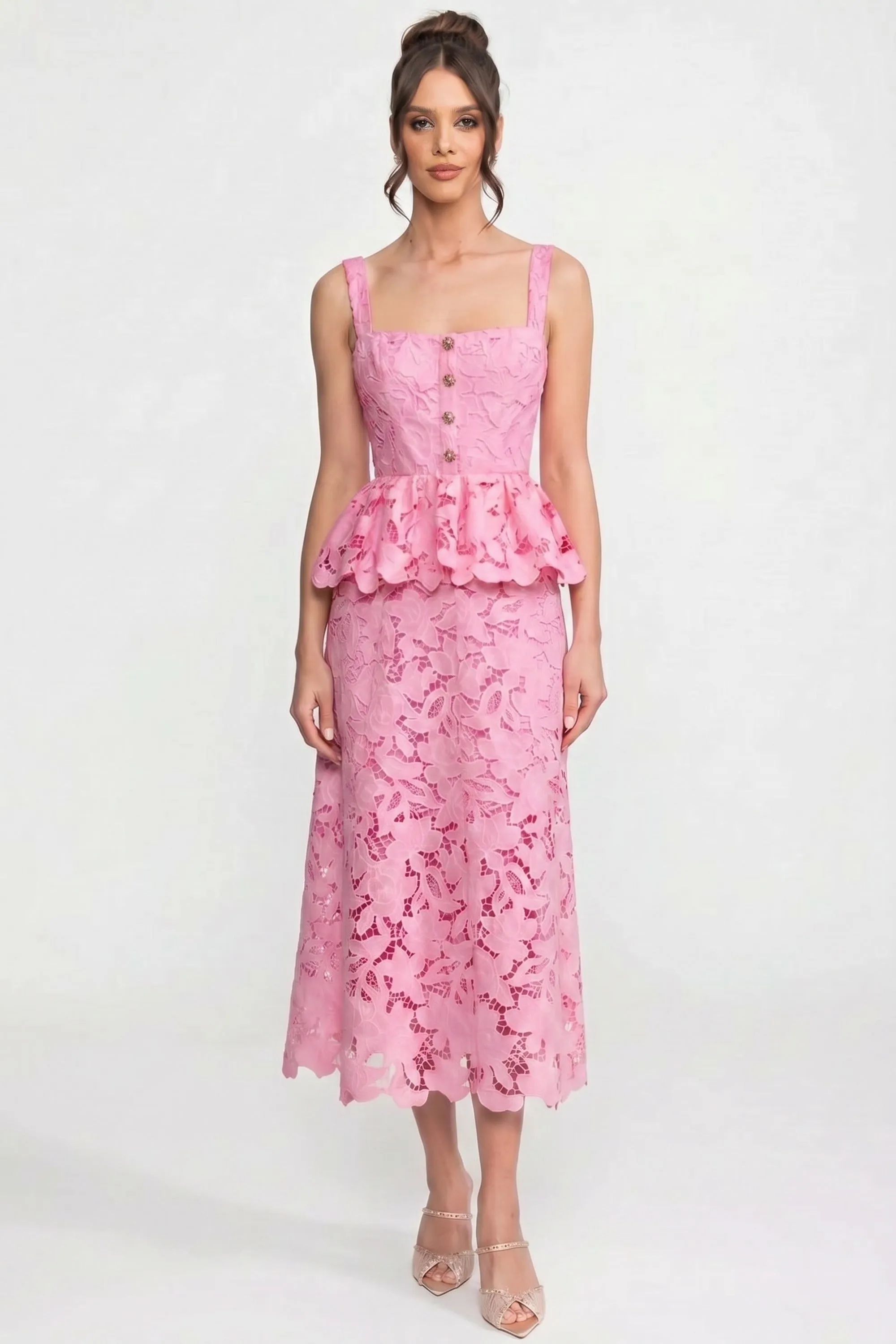 Sleeveless Lace Peplum Dress With Midi Skirt And Golden Buttons - Pink sold by Sierra darien
