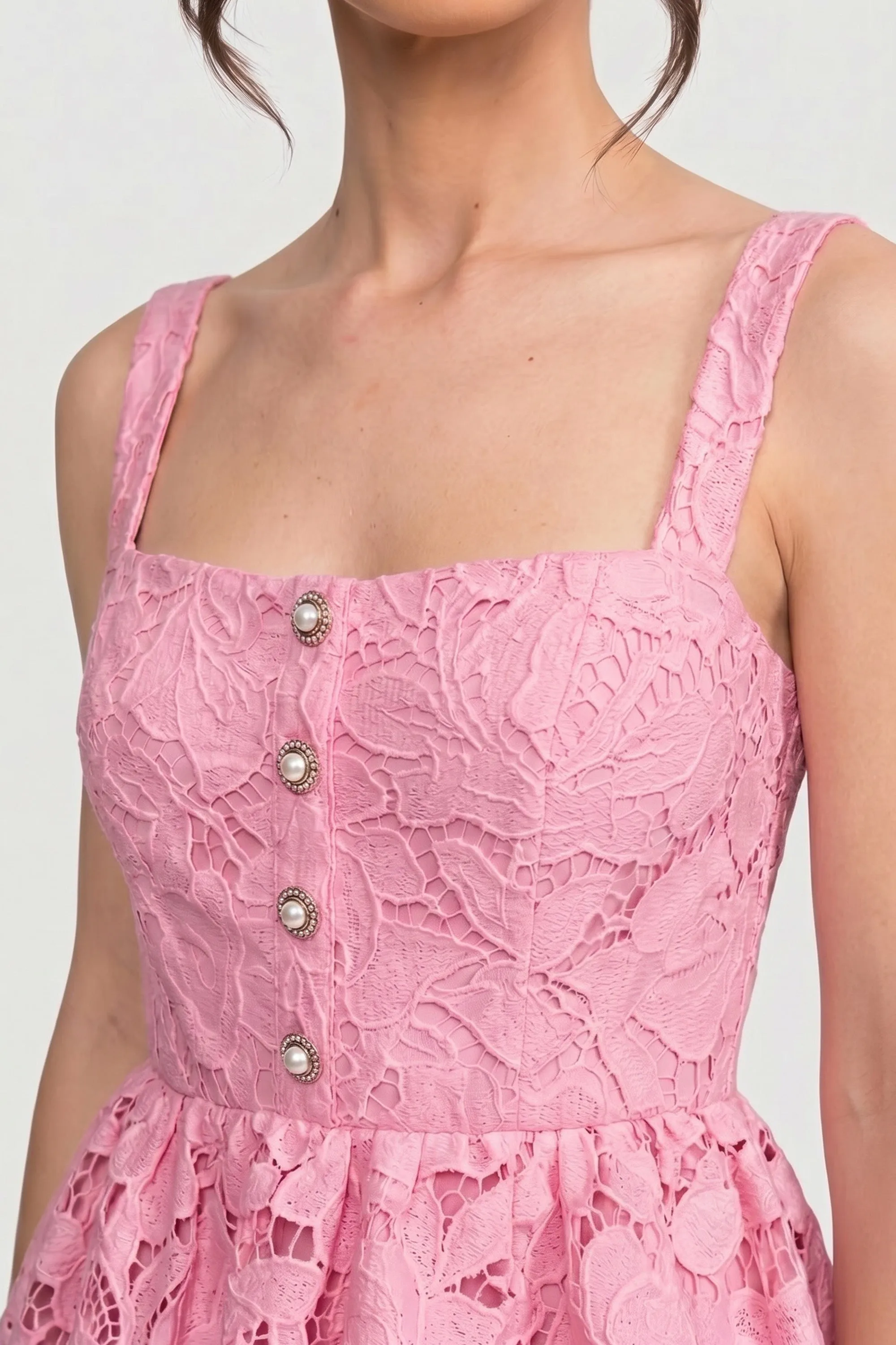 Sleeveless Lace Peplum Dress With Midi Skirt And Golden Buttons - Pink sold by Sierra darien product image thumbnail 5