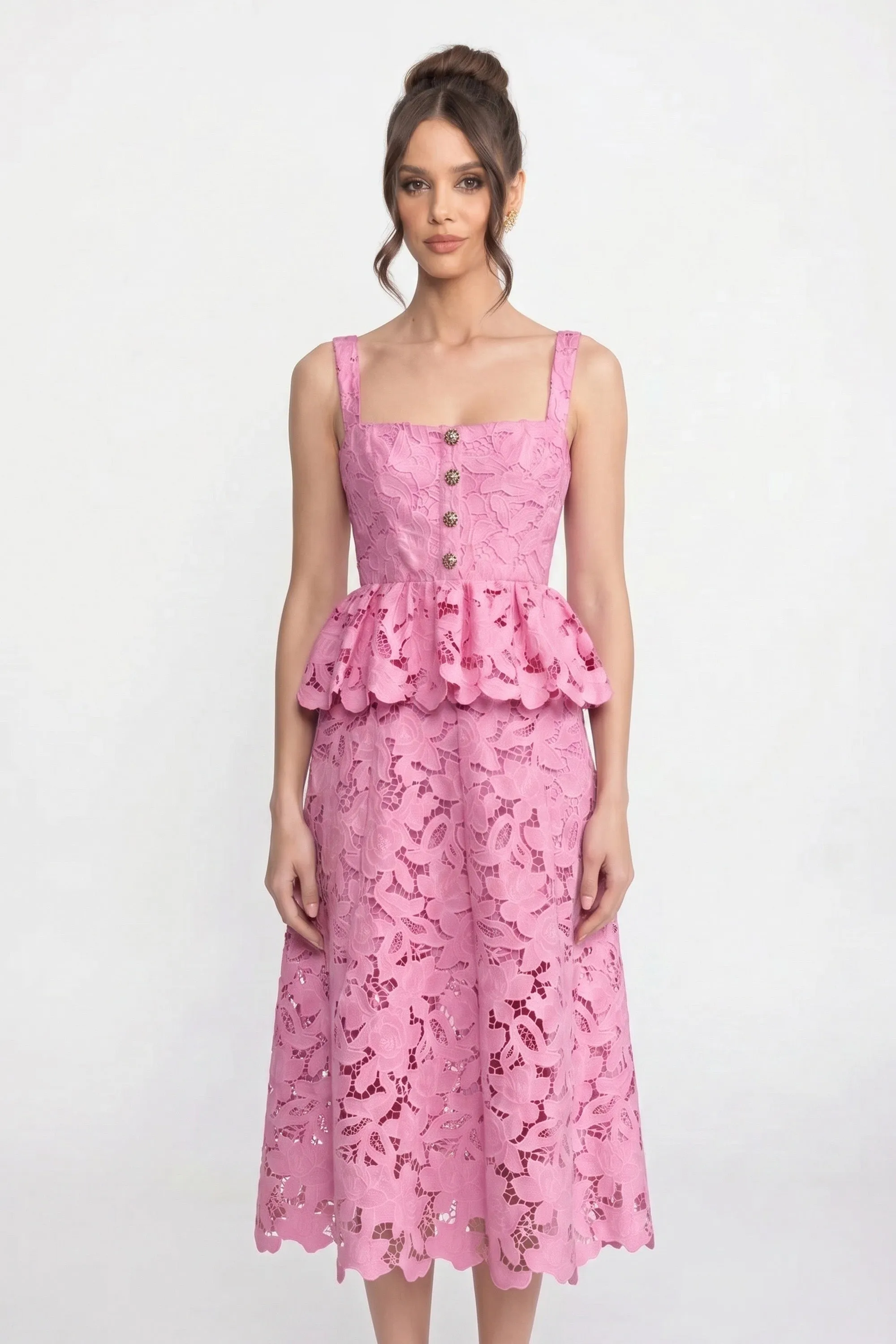 Sleeveless Lace Peplum Dress With Midi Skirt And Golden Buttons - Pink sold by Sierra darien product image thumbnail 3