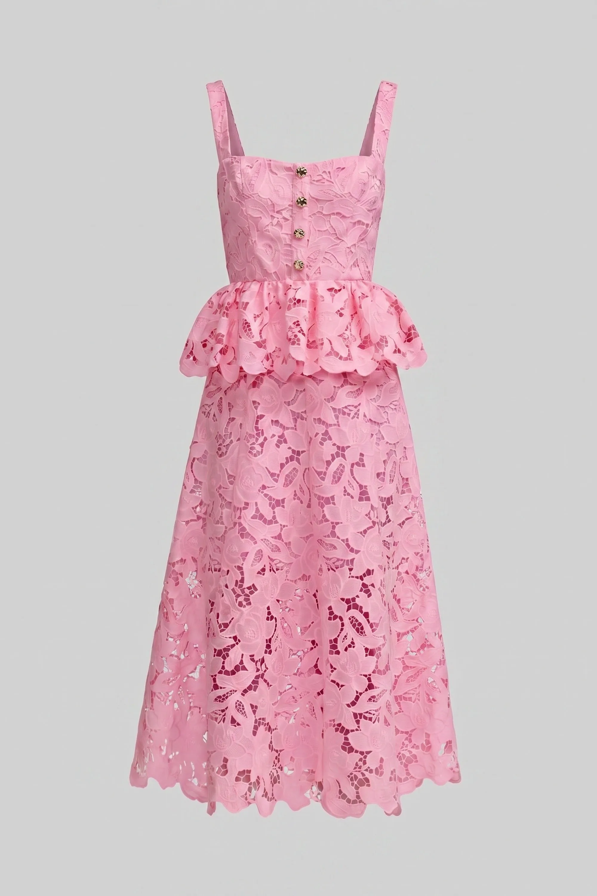 Sleeveless Lace Peplum Dress With Midi Skirt And Golden Buttons - Pink sold by Sierra darien product image thumbnail 2