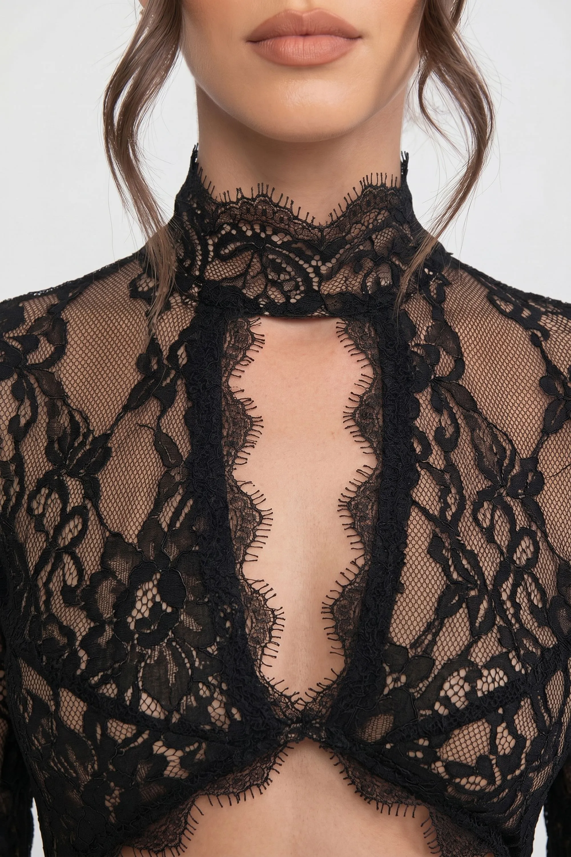 Elegant Lace Gown With High Neck, Front Cutout And Slit - Black sold by Sierra darien product image thumbnail 5