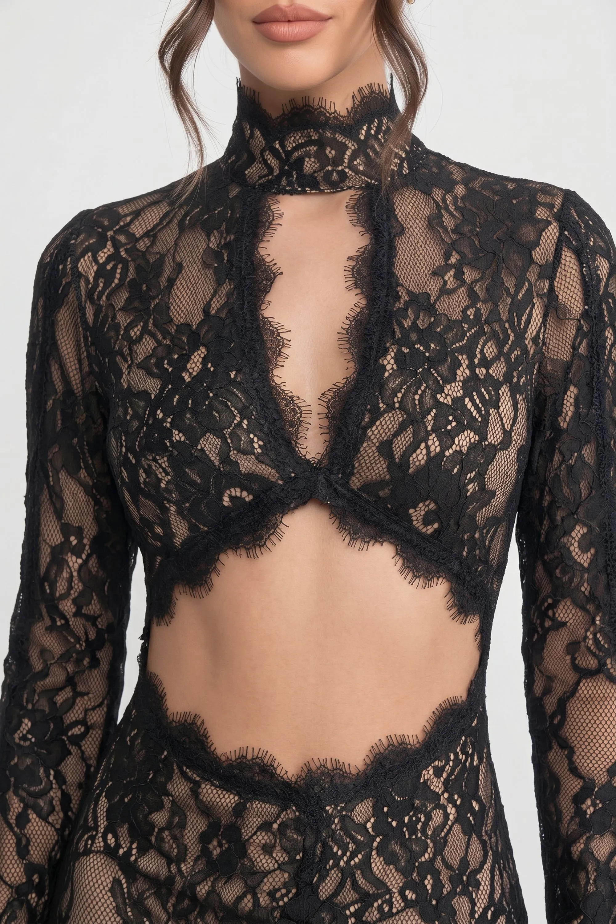 Elegant Lace Gown With High Neck, Front Cutout And Slit - Black sold by Sierra darien product image thumbnail 4