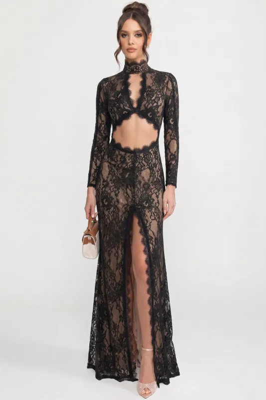 Elegant Lace Gown With High Neck, Front Cutout And Slit - Black made by Sierra darien