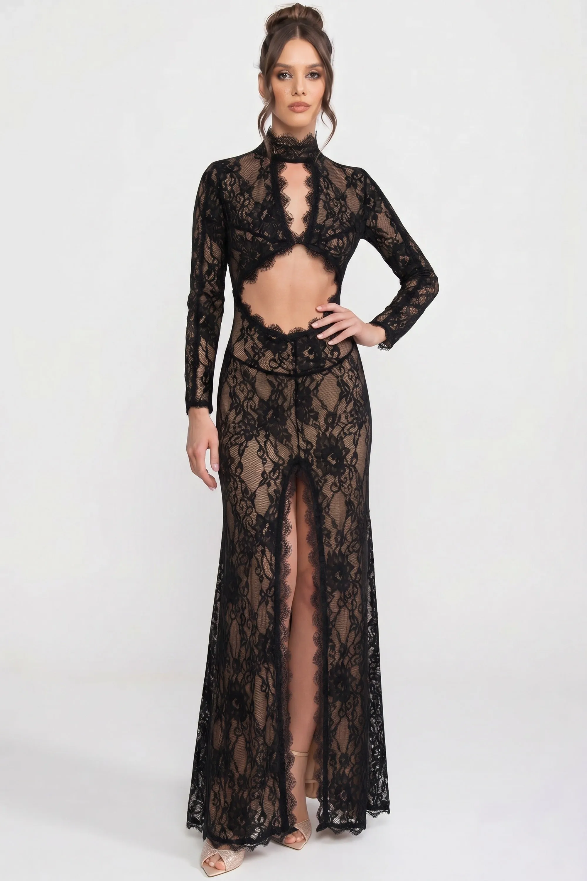 Elegant Lace Gown With High Neck, Front Cutout And Slit - Black sold by Sierra darien product image thumbnail 3