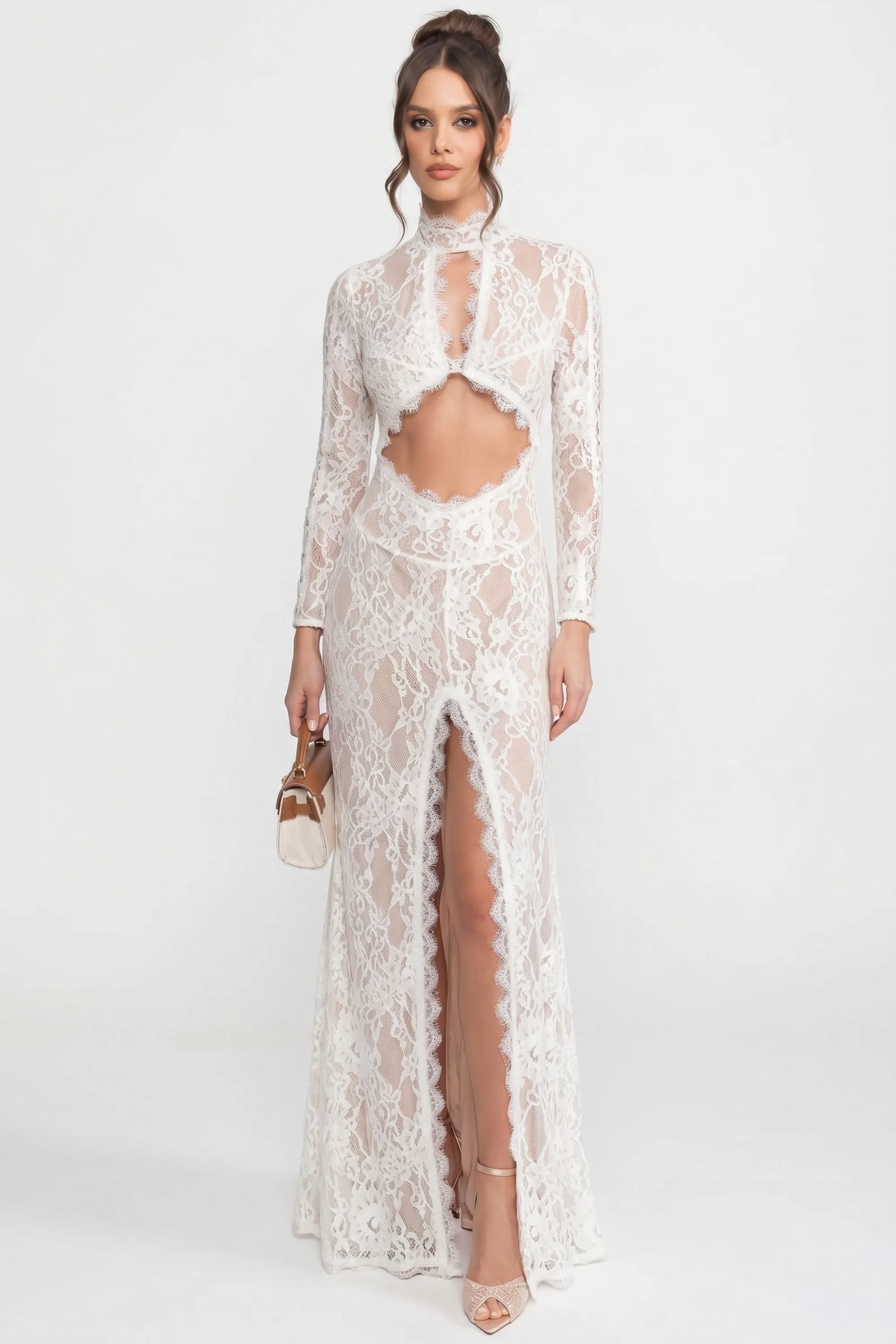 Elegant Lace Gown With High Neck, Front Cutout And Slit - White sold by Sierra darien product image thumbnail 4