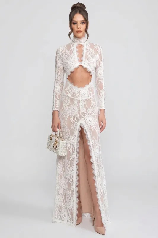 Elegant Lace Gown With High Neck, Front Cutout And Slit - White made by Sierra darien